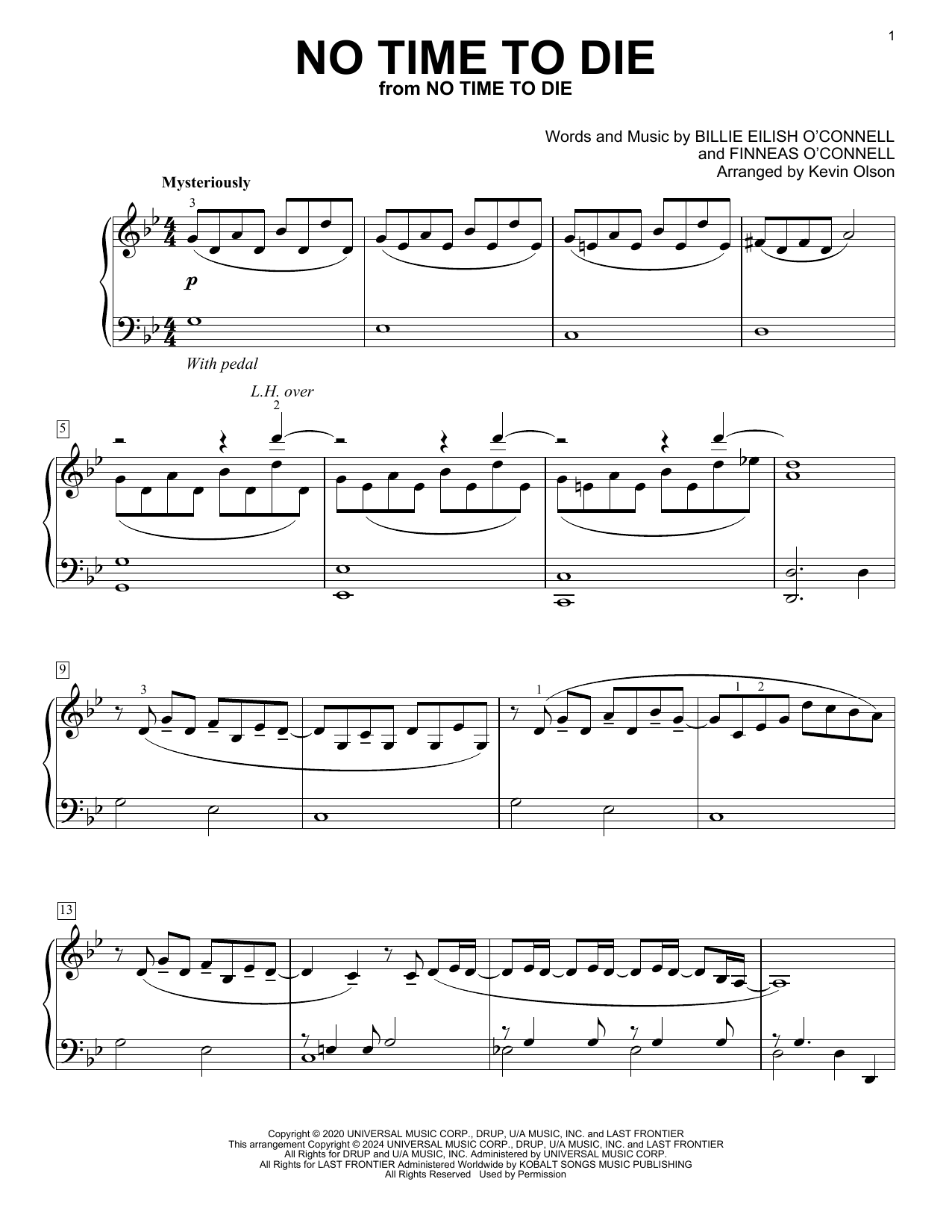 Billie Eilish No Time To Die (arr. Kevin Olson) Sheet Music Notes & Chords for Easy Piano Solo - Download or Print PDF