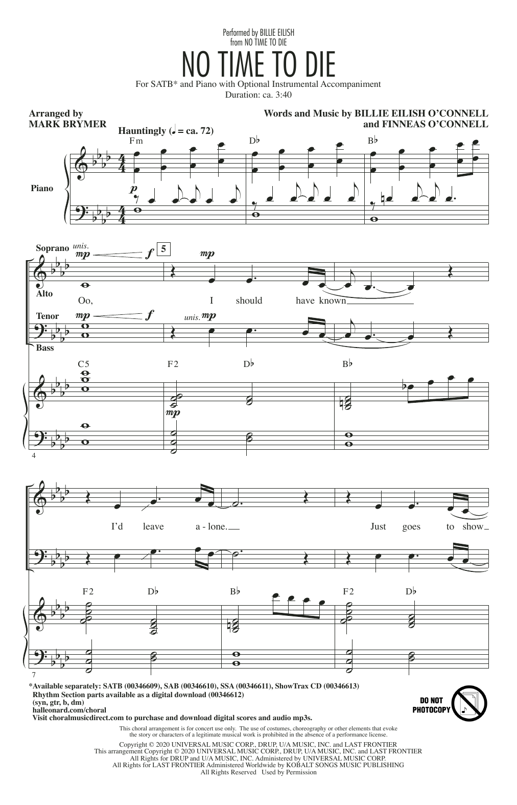 Billie Eilish No Time To Die (arr. Mark Brymer) Sheet Music Notes & Chords for SATB Choir - Download or Print PDF