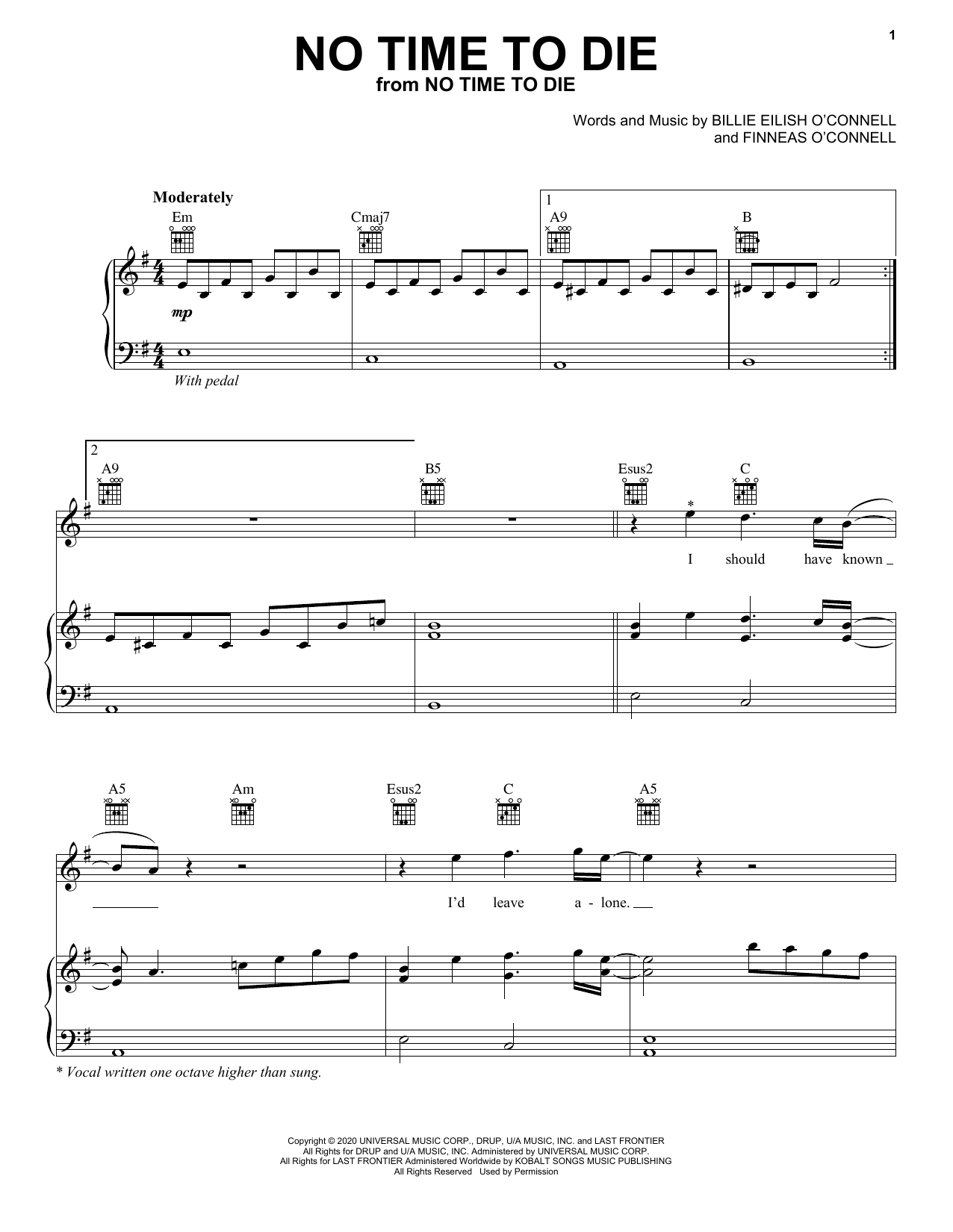 Billie Eilish No Time To Die Sheet Music Notes & Chords for Piano, Vocal & Guitar (Right-Hand Melody) - Download or Print PDF