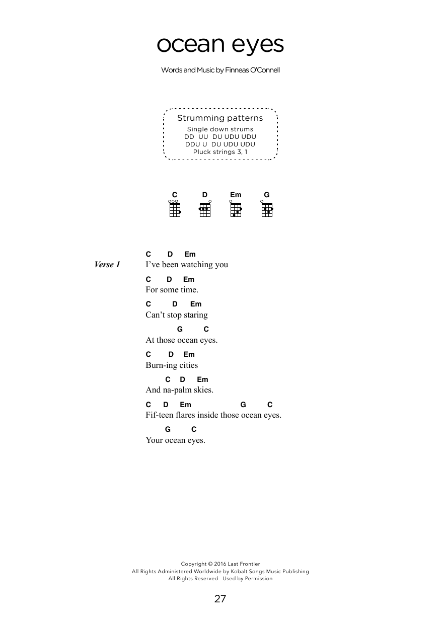 Billie Eilish ocean eyes (arr. Elise Ecklund) Sheet Music Notes & Chords for Ukulele Chords/Lyrics - Download or Print PDF