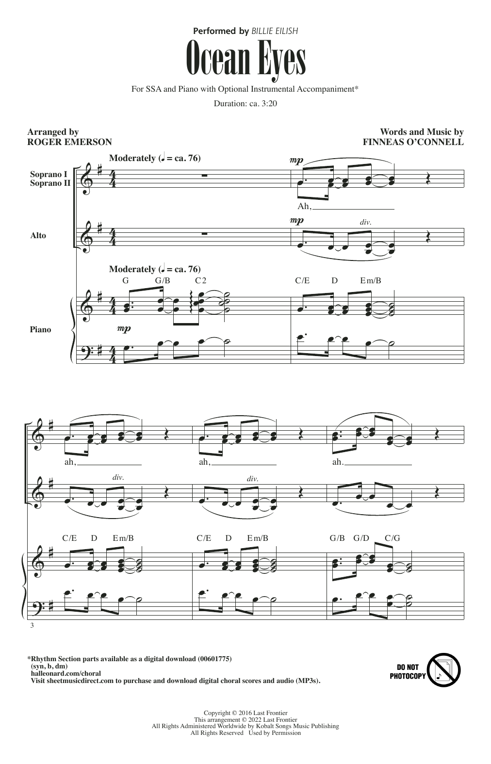 Billie Eilish ocean eyes (arr. Roger Emerson) Sheet Music Notes & Chords for SSA Choir - Download or Print PDF