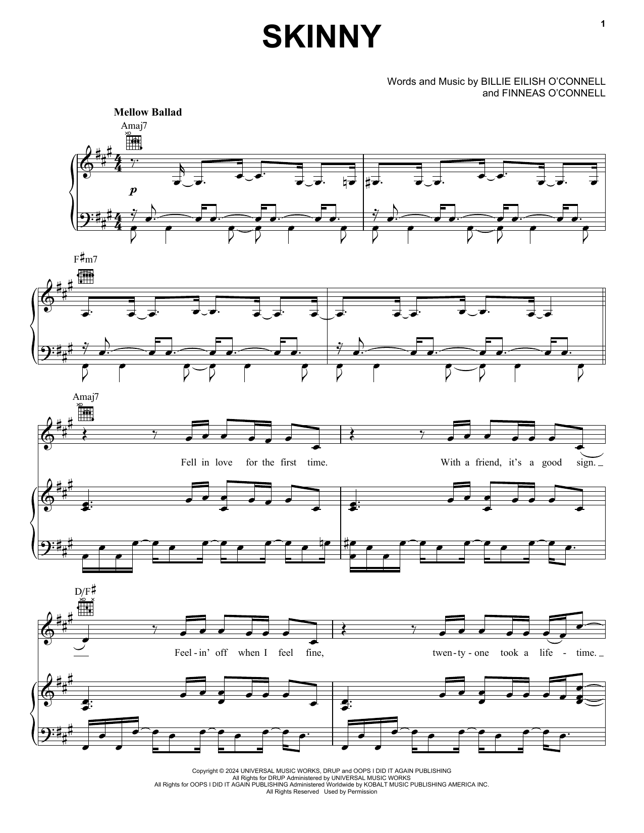 Billie Eilish SKINNY Sheet Music Notes & Chords for Piano, Vocal & Guitar Chords (Right-Hand Melody) - Download or Print PDF