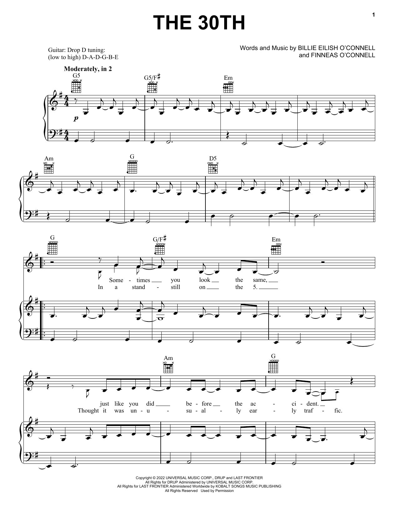 Billie Eilish The 30th Sheet Music Notes & Chords for Piano, Vocal & Guitar Chords (Right-Hand Melody) - Download or Print PDF
