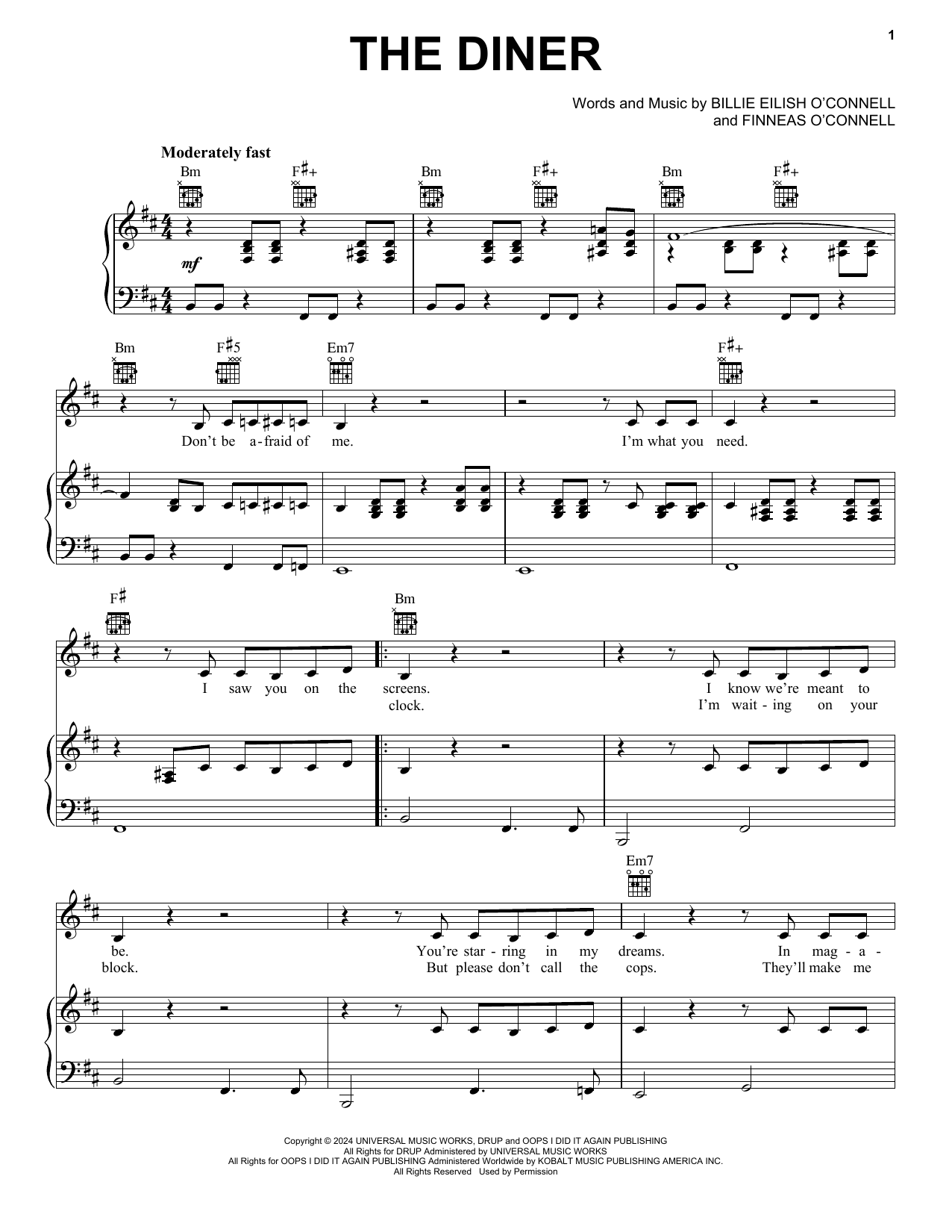 Billie Eilish THE DINER Sheet Music Notes & Chords for Piano, Vocal & Guitar Chords (Right-Hand Melody) - Download or Print PDF