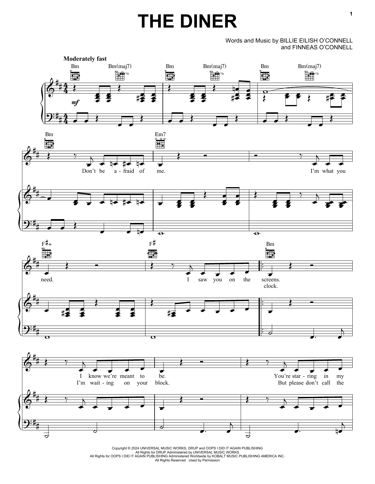 Billie Eilish THE DINER Sheet Music Notes & Chords for Piano, Vocal & Guitar Chords (Right-Hand Melody) - Download or Print PDF