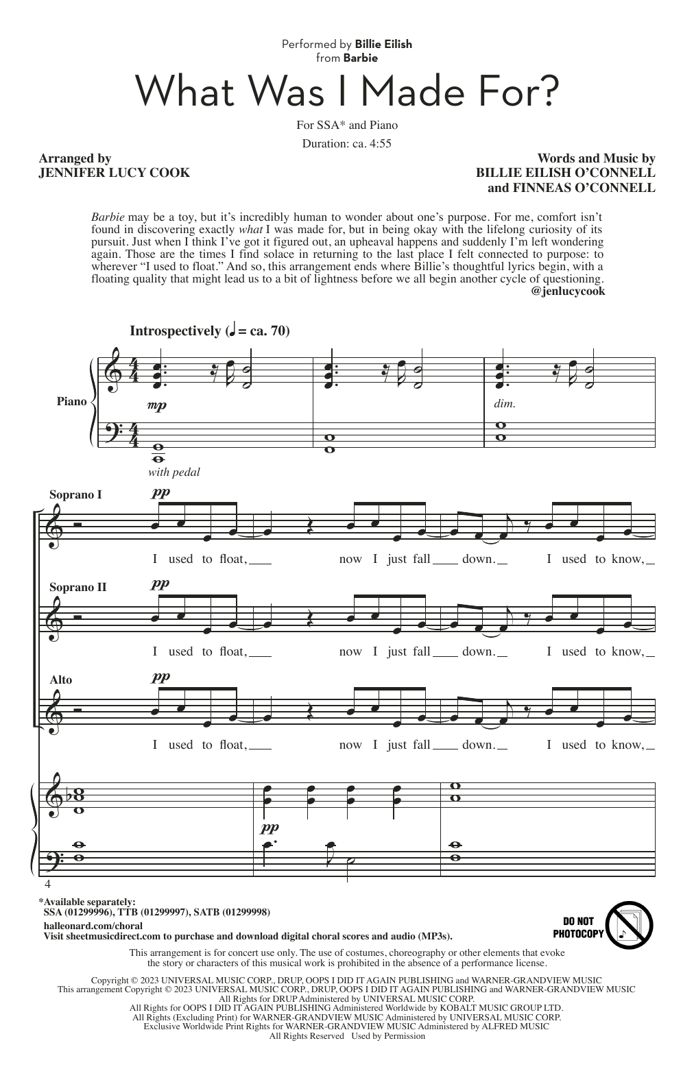 Billie Eilish What Was I Made For? (from Barbie) (arr. Jennifer Lucy Cook) Sheet Music Notes & Chords for SAB Choir - Download or Print PDF