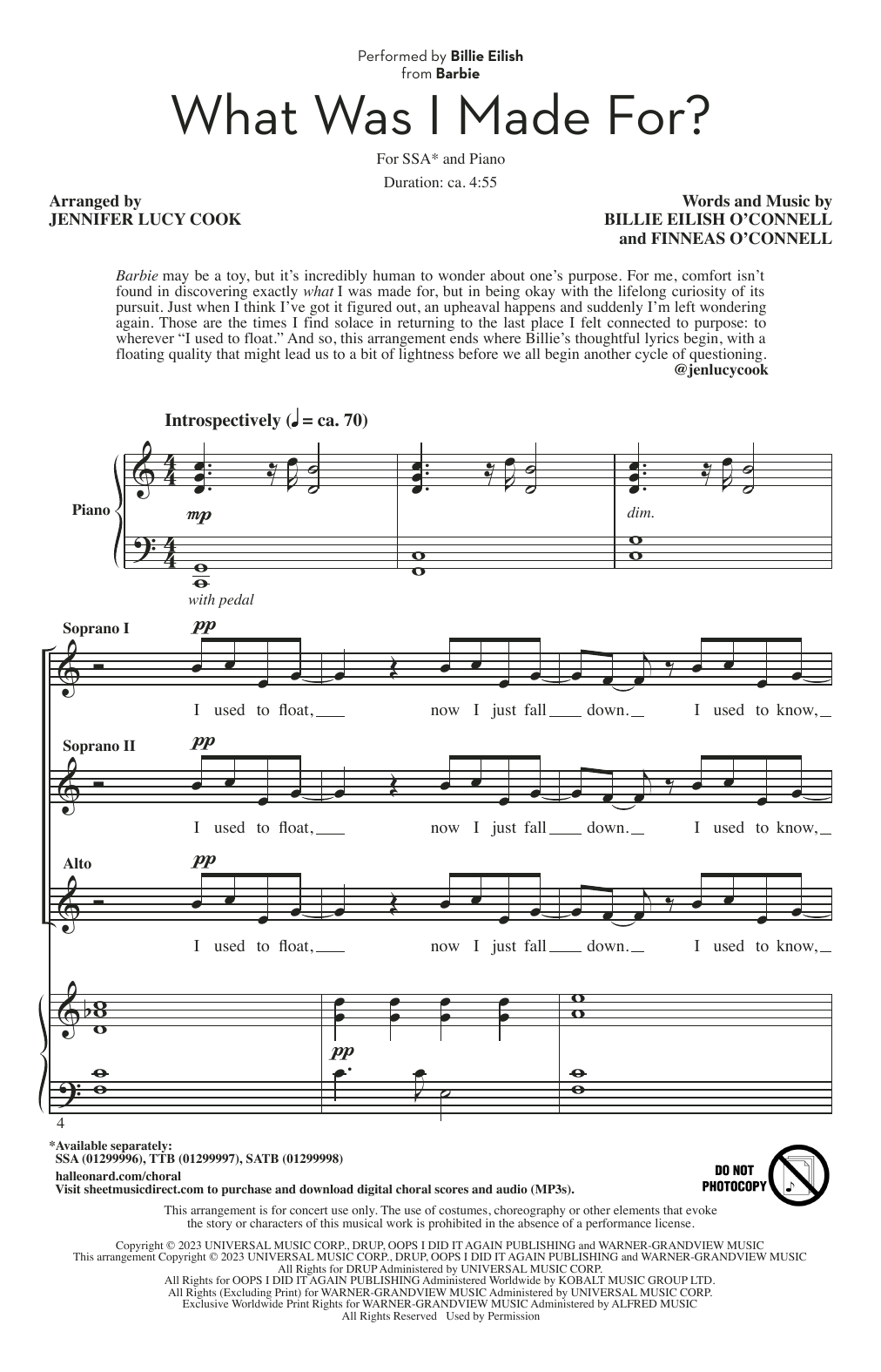 Billie Eilish What Was I Made For? (from Barbie) (arr. Jennifer Lucy Cook) Sheet Music Notes & Chords for TTB Choir - Download or Print PDF
