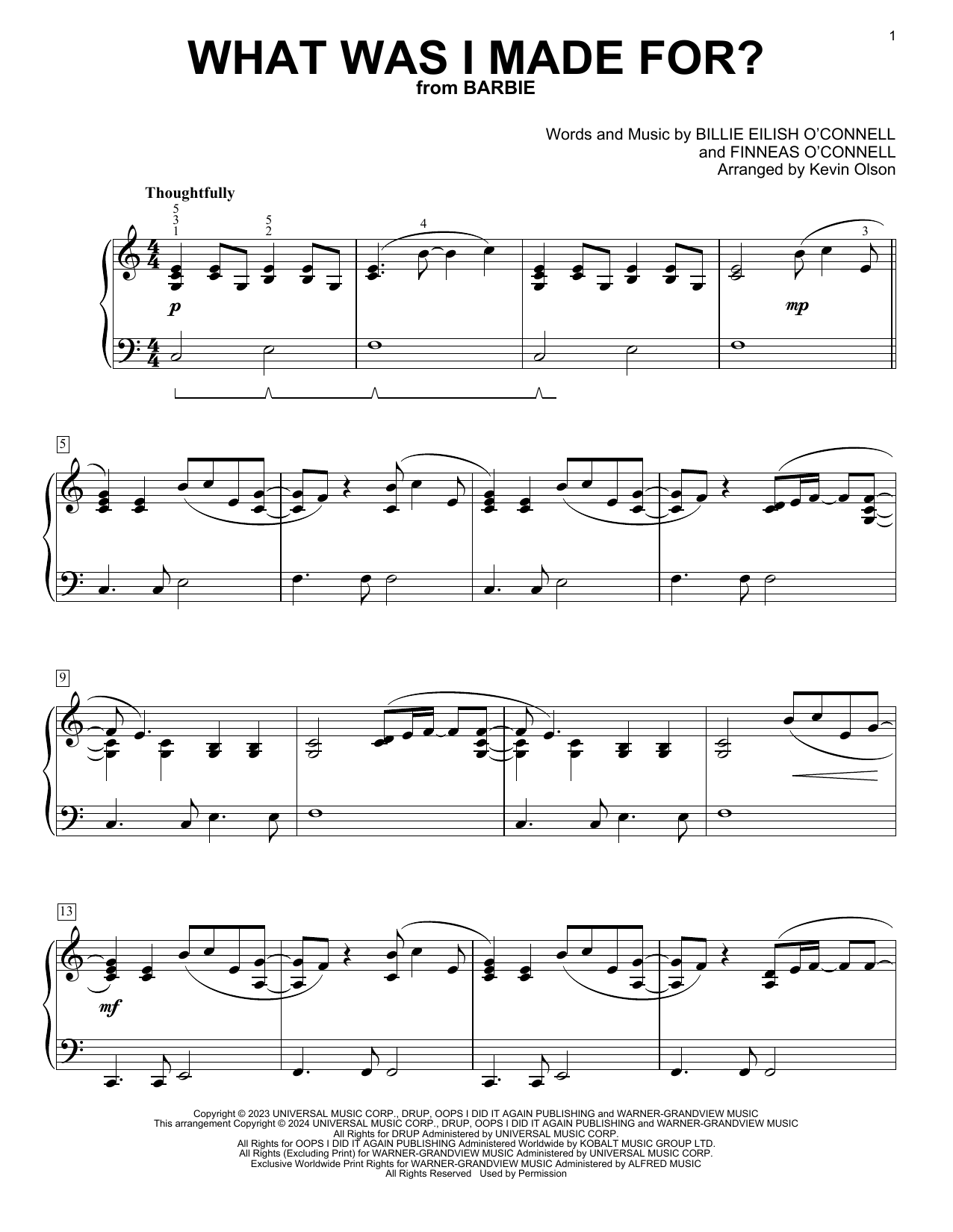 Billie Eilish What Was I Made For? (from Barbie) (arr. Kevin Olson) Sheet Music Notes & Chords for Easy Piano Solo - Download or Print PDF
