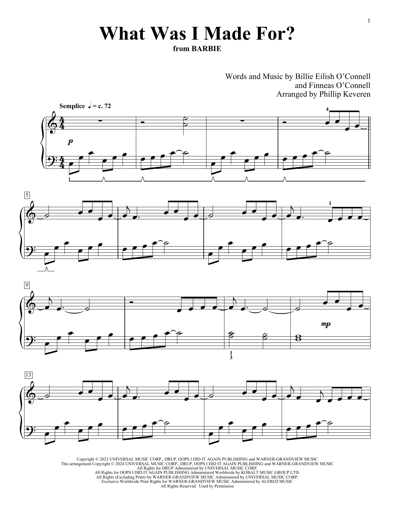 Billie Eilish What Was I Made For? (from Barbie) (arr. Phillip Keveren) Sheet Music Notes & Chords for Piano Solo - Download or Print PDF