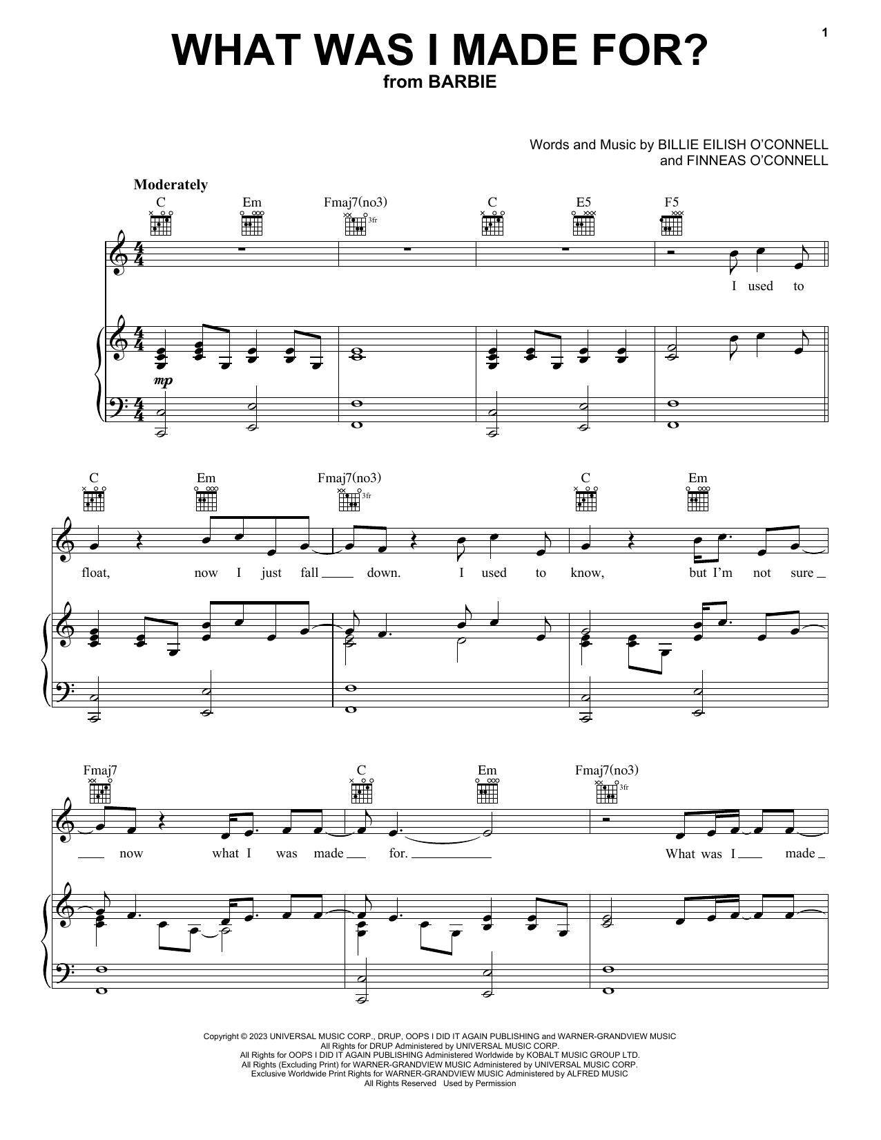 Billie Eilish What Was I Made For? (from Barbie) Sheet Music Notes & Chords for Piano, Vocal & Guitar Chords (Right-Hand Melody) - Download or Print PDF