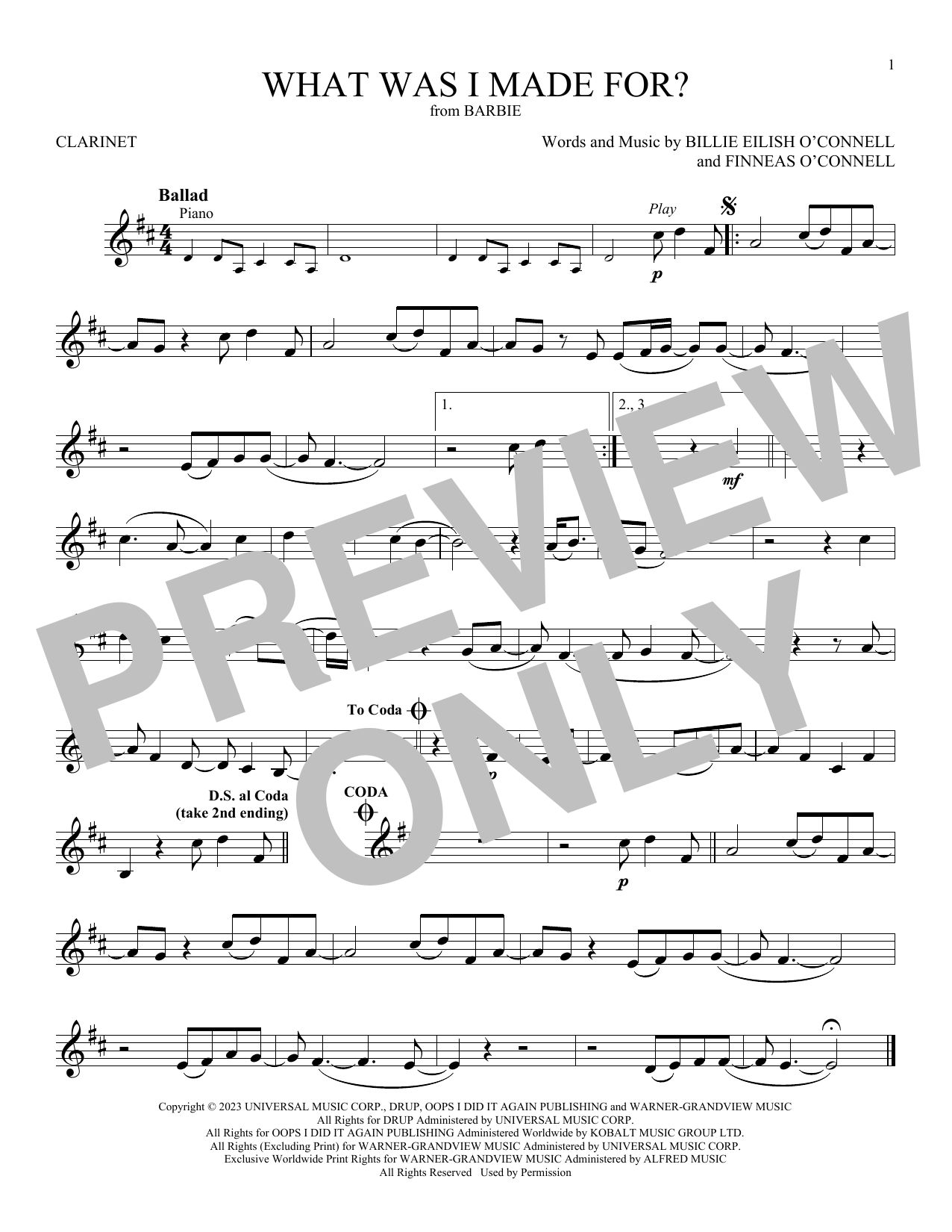 Billie Eilish What Was I Made For? (from Barbie) Sheet Music Notes & Chords for Tenor Sax Solo - Download or Print PDF