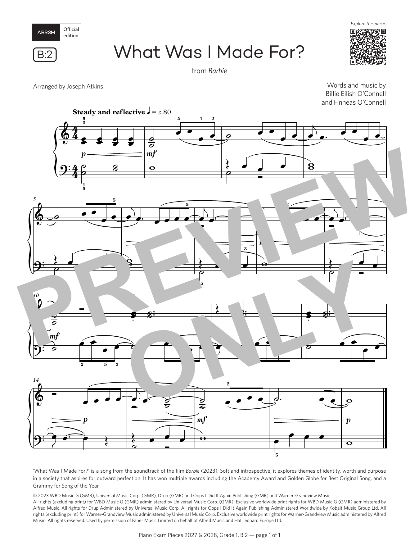 Finneas O'Connell What Was I Made For? (Grade 1, list B2, from the ABRSM Piano Syllabus 2027 & 2028) Sheet Music Notes & Chords for Piano Solo - Download or Print PDF