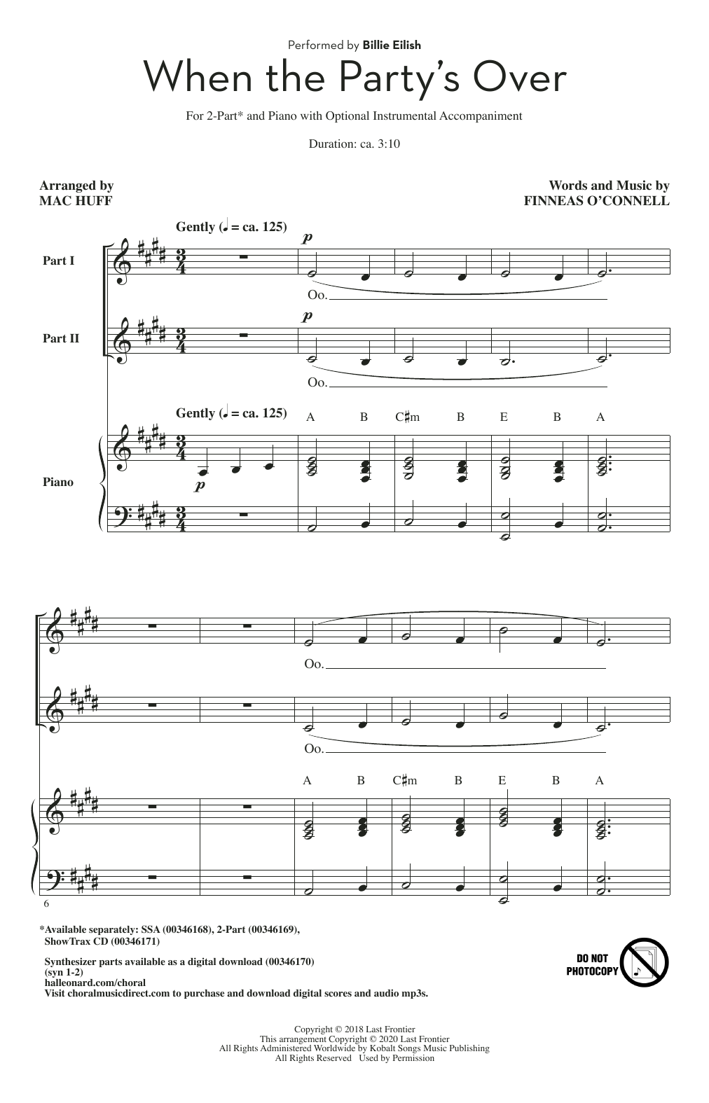 Billie Eilish when the party's over (arr. Mac Huff) Sheet Music Notes & Chords for SSA Choir - Download or Print PDF