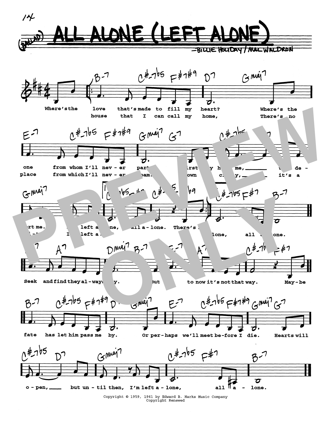 Billie Holiday All Alone (Left Alone) (Low Voice) Sheet Music Notes & Chords for Real Book – Melody, Lyrics & Chords - Download or Print PDF