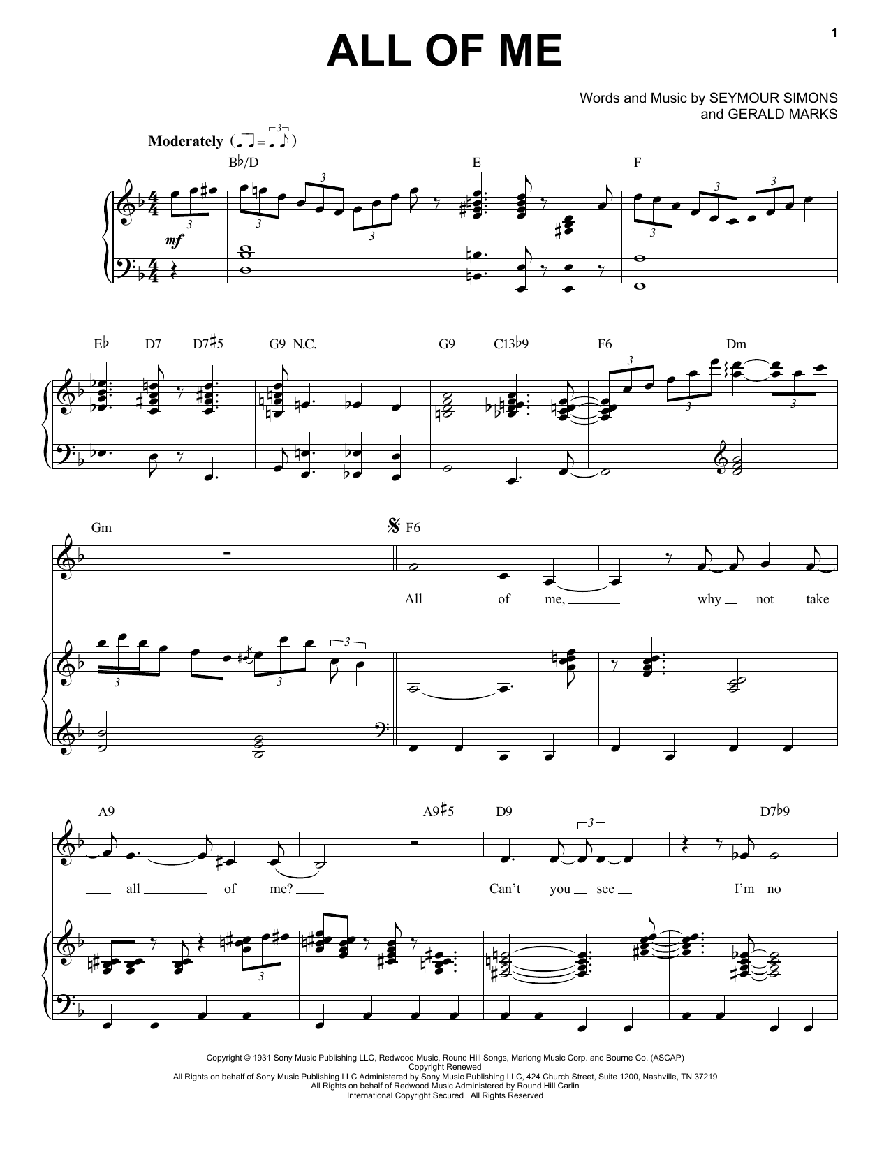 Billie Holiday All Of Me Sheet Music Notes & Chords for Piano, Vocal & Guitar (Right-Hand Melody) - Download or Print PDF