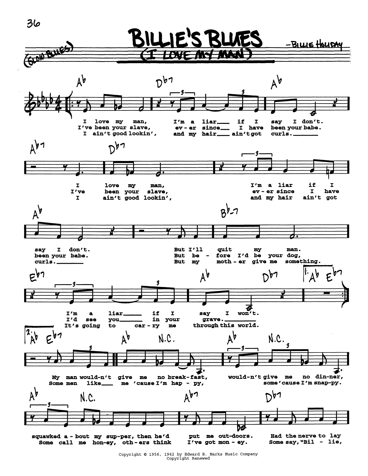 Billie Holiday Billie's Blues (I Love My Man) (Low Voice) Sheet Music Notes & Chords for Real Book – Melody, Lyrics & Chords - Download or Print PDF