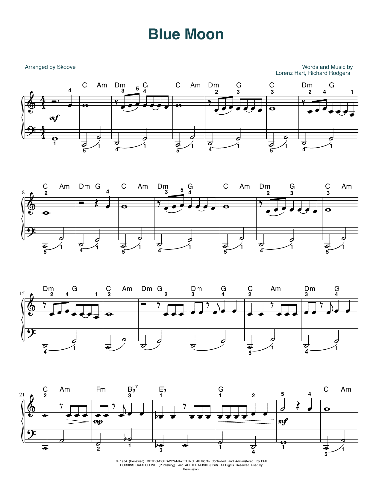 Billie Holiday Blue Moon (arr. Skoove) Sheet Music Notes & Chords for Beginner Piano (Abridged) - Download or Print PDF