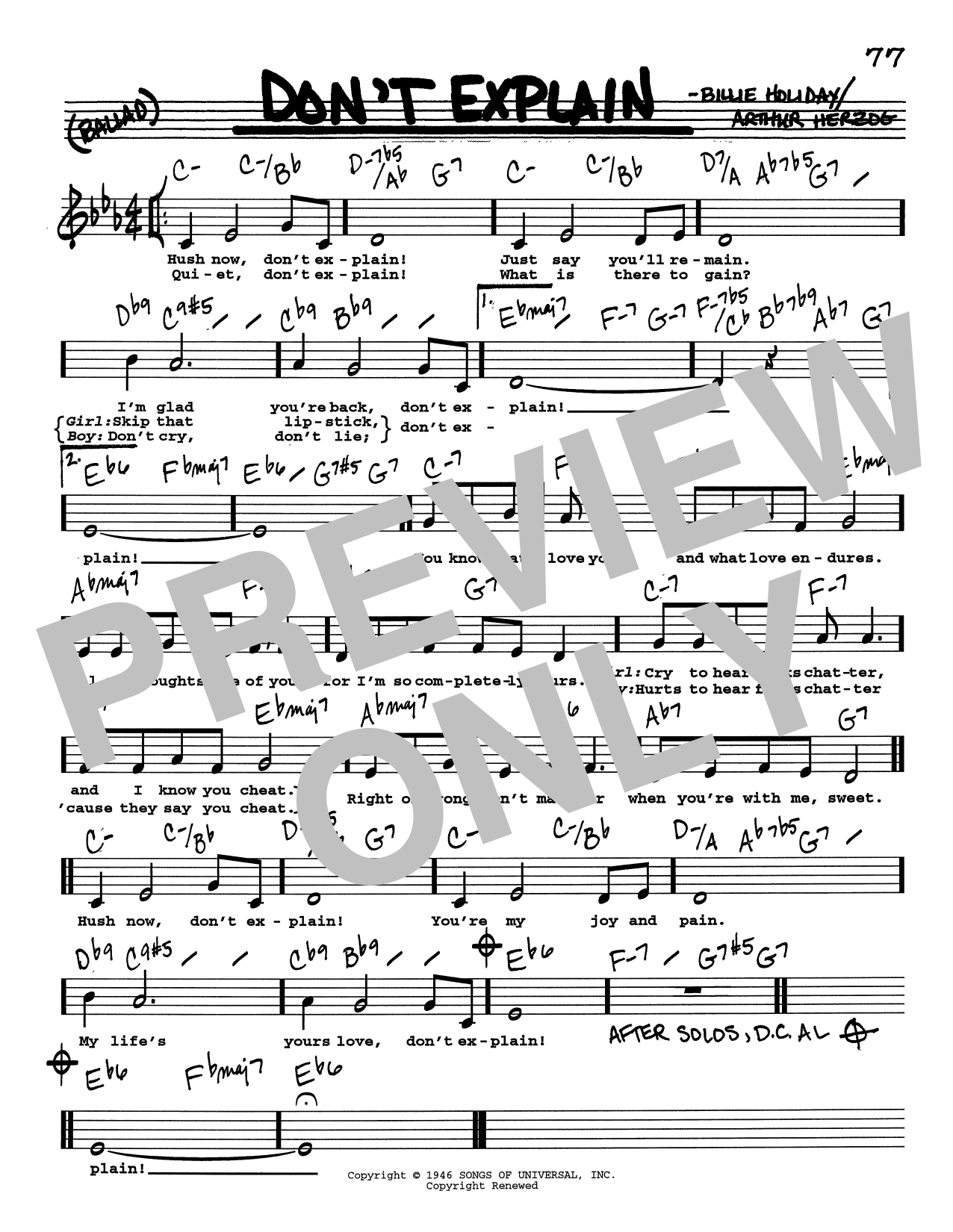 Billie Holiday Don't Explain (Low Voice) Sheet Music Notes & Chords for Real Book – Melody, Lyrics & Chords - Download or Print PDF