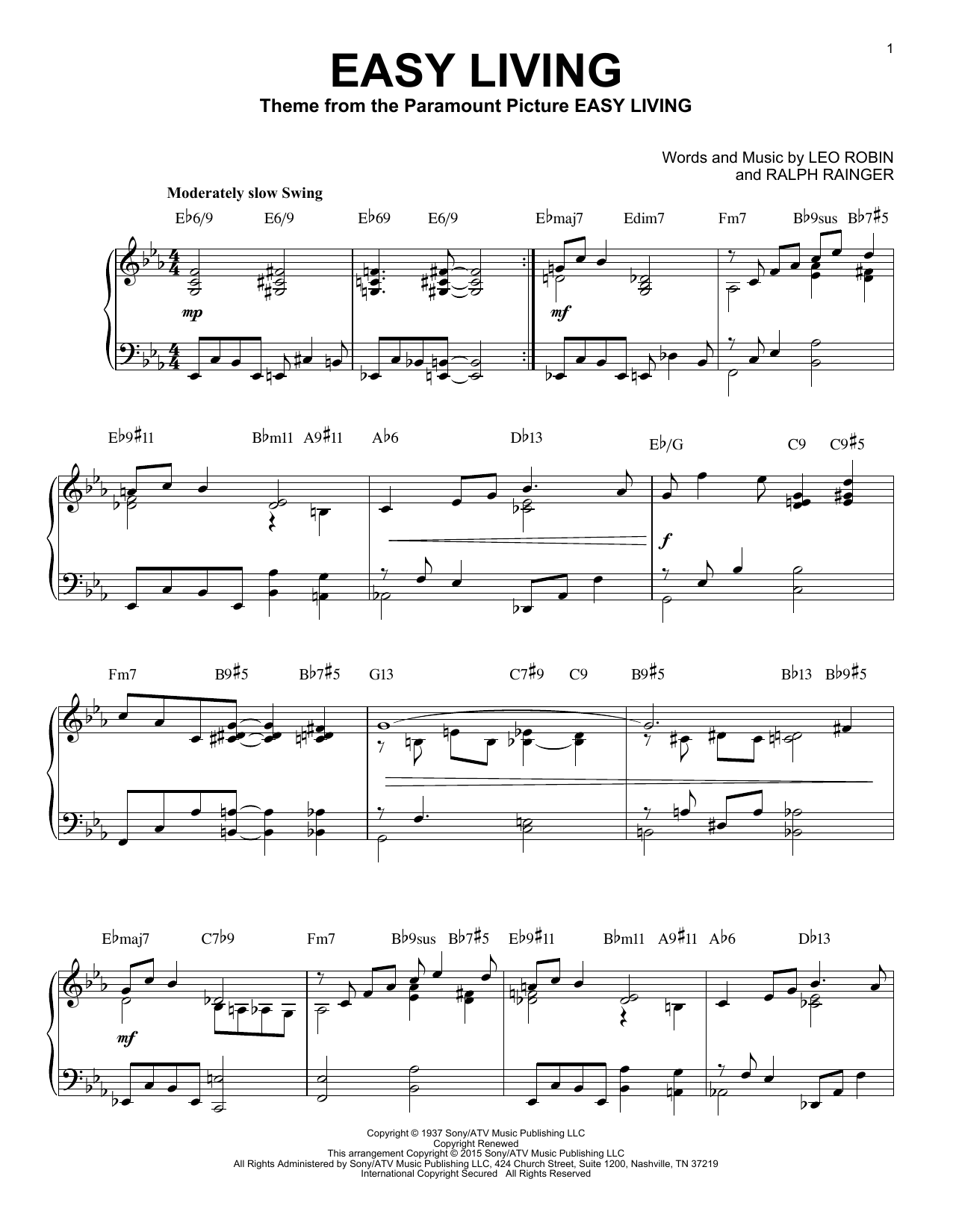 Billie Holiday Easy Living [Jazz version] (arr. Brent Edstrom) Sheet Music Notes & Chords for Piano Solo - Download or Print PDF
