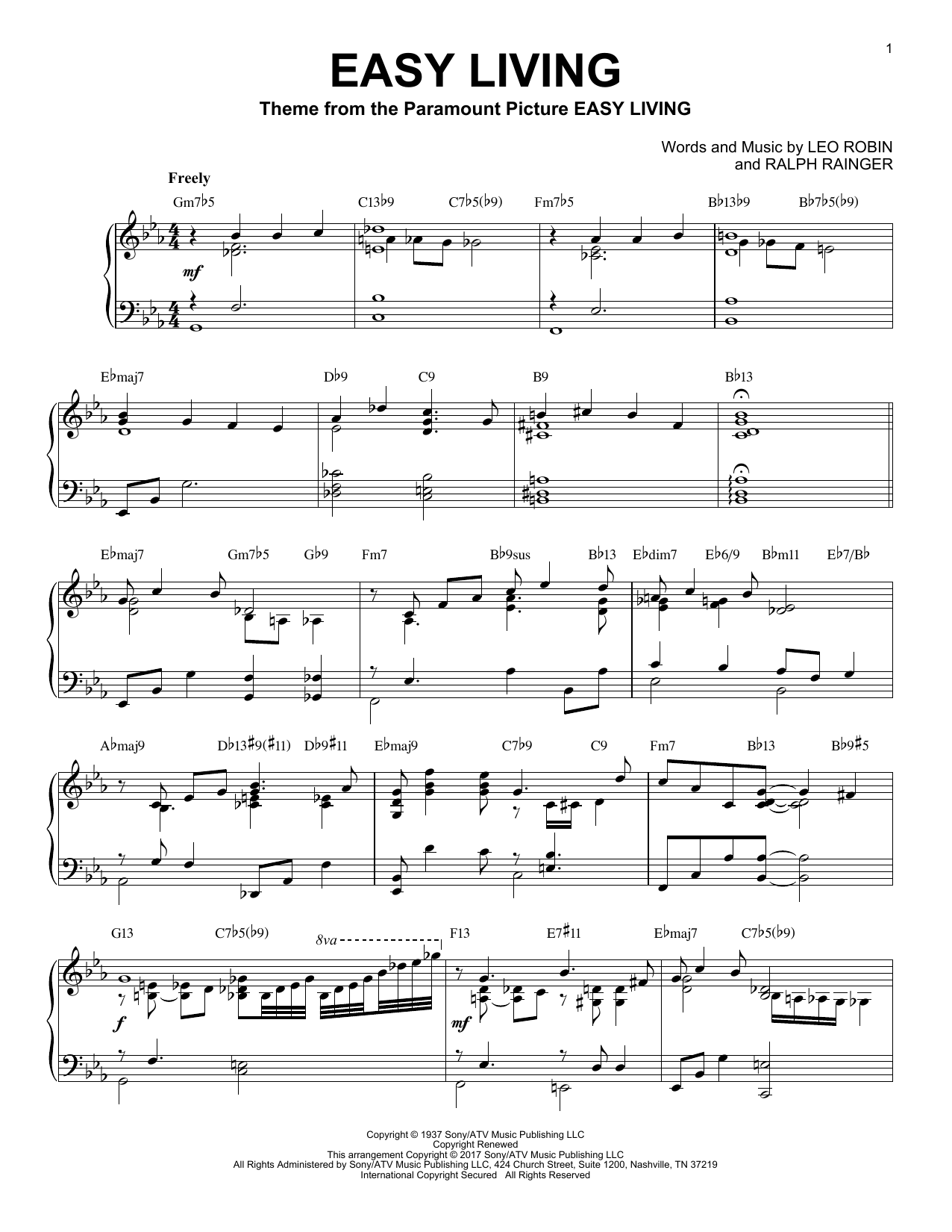 Billie Holiday Easy Living [Jazz version] Sheet Music Notes & Chords for Piano - Download or Print PDF