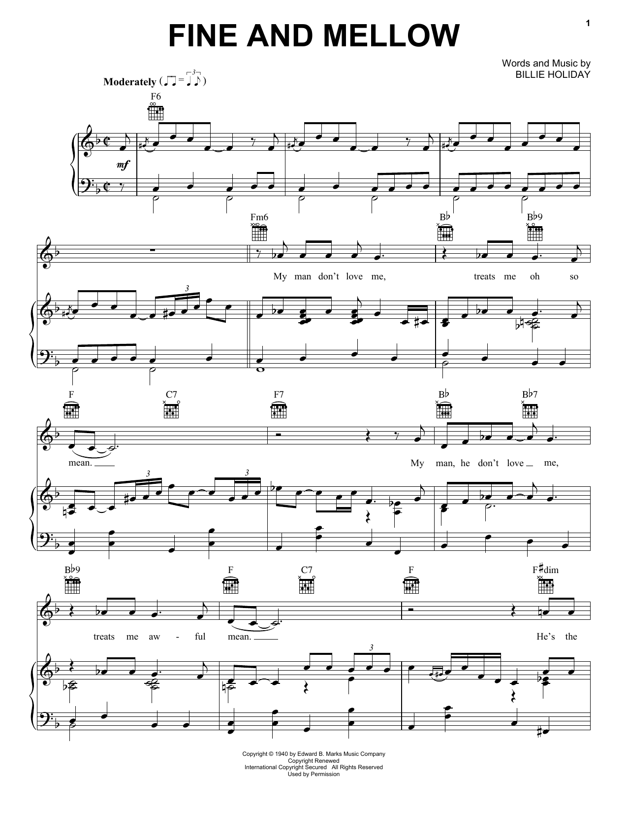 Billie Holiday Fine And Mellow sheet music notes and chords. Download Printable PDF.