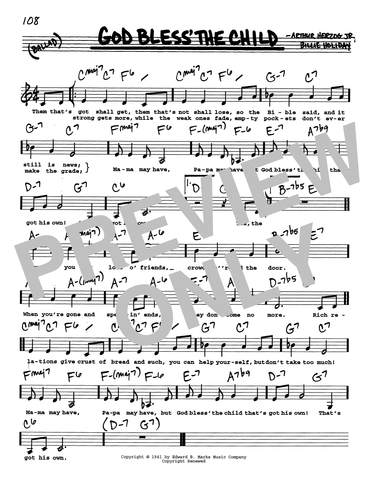 Billie Holiday God Bless' The Child (Low Voice) Sheet Music Notes & Chords for Real Book – Melody, Lyrics & Chords - Download or Print PDF