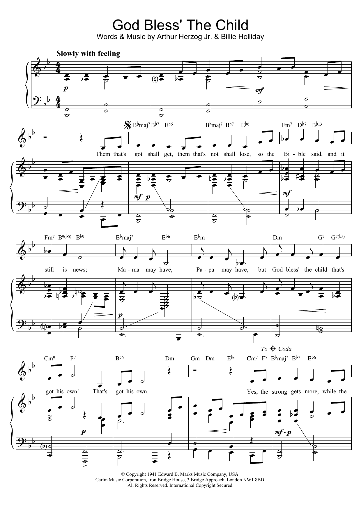 Billie Holiday God Bless' The Child Sheet Music Notes & Chords for Real Book – Melody & Chords - Download or Print PDF