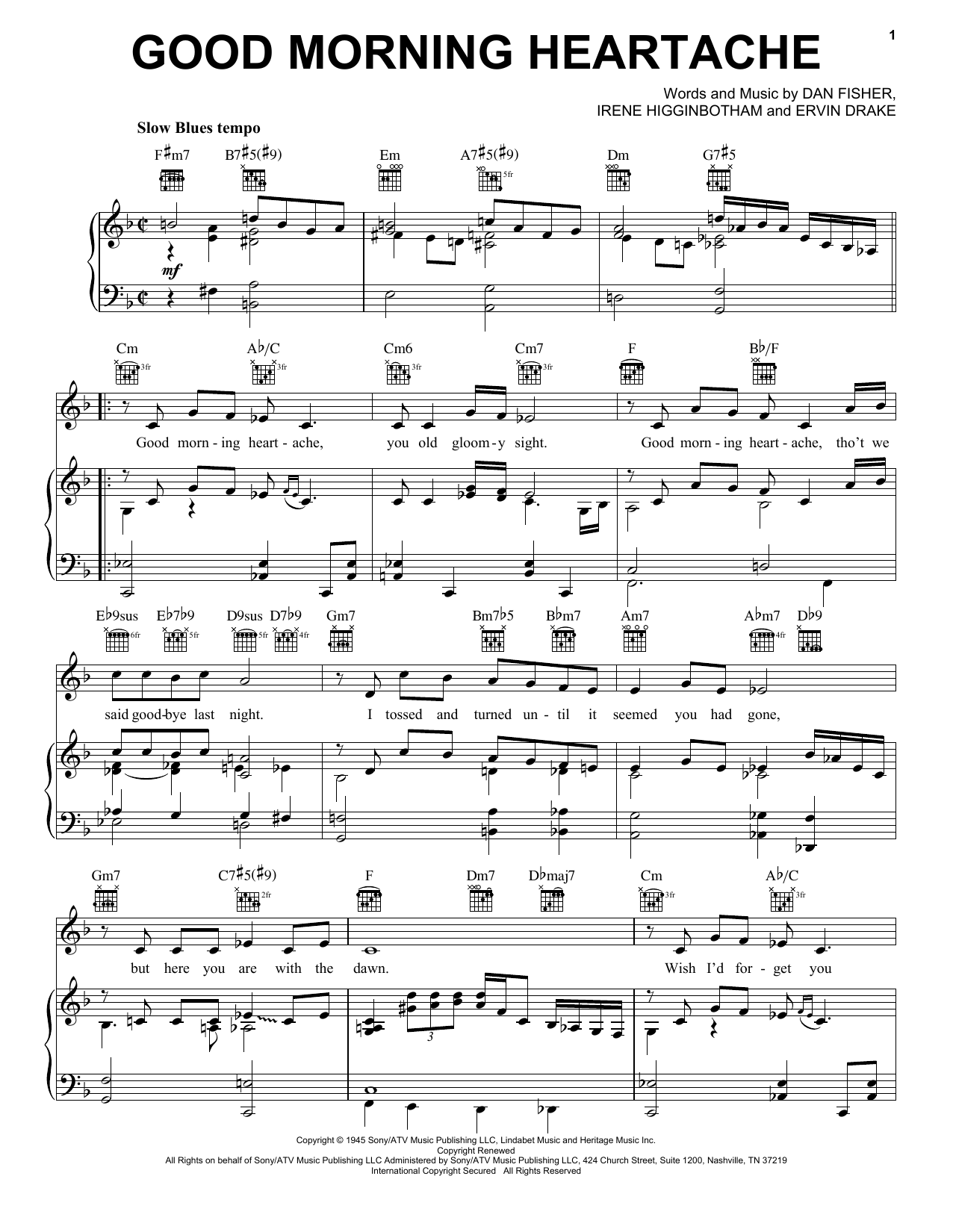 Billie Holiday Good Morning Heartache Sheet Music Notes & Chords for Piano, Vocal & Guitar (Right-Hand Melody) - Download or Print PDF