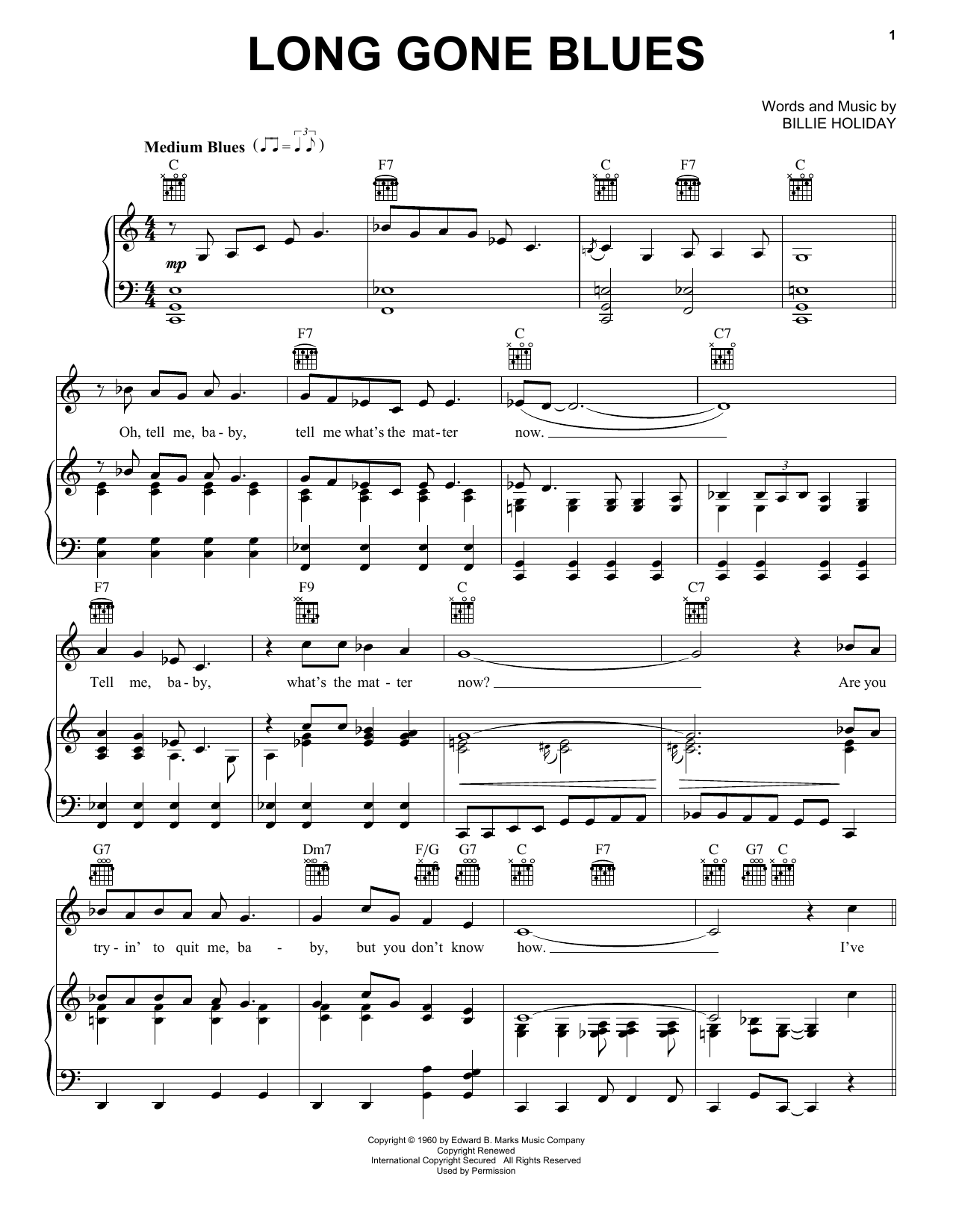 Billie Holiday Long Gone Blues Sheet Music Notes & Chords for Piano, Vocal & Guitar (Right-Hand Melody) - Download or Print PDF