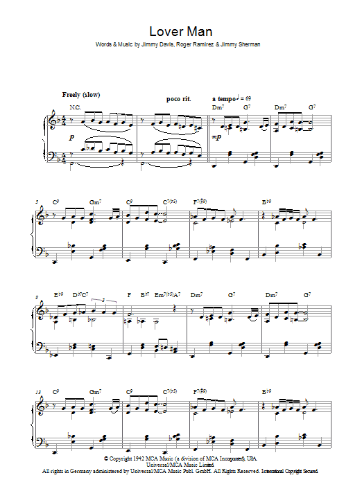 Billie Holiday Lover Man (Oh, Where Can You Be) Sheet Music Notes & Chords for Piano - Download or Print PDF