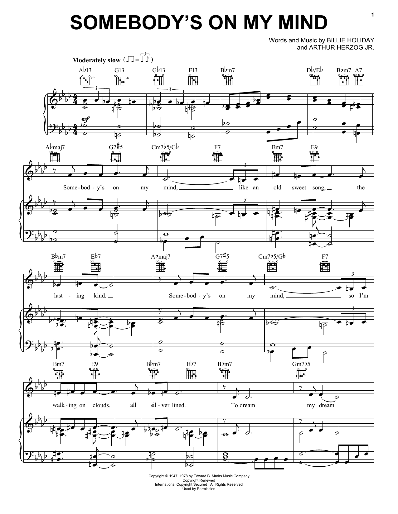 Billie Holiday Somebody's On My Mind Sheet Music Notes & Chords for Piano, Vocal & Guitar (Right-Hand Melody) - Download or Print PDF