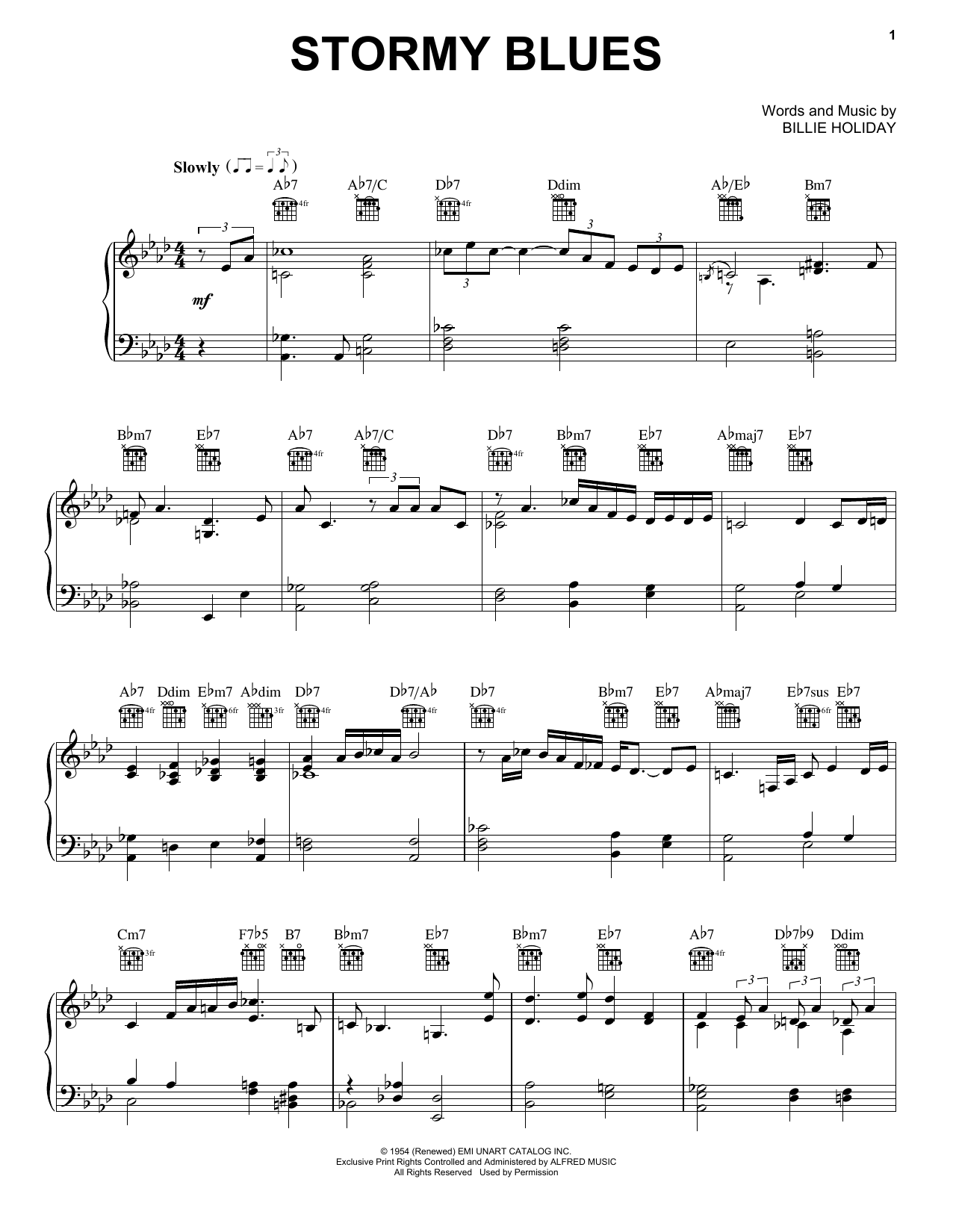 Billie Holiday Stormy Blues Sheet Music Notes & Chords for Piano, Vocal & Guitar (Right-Hand Melody) - Download or Print PDF