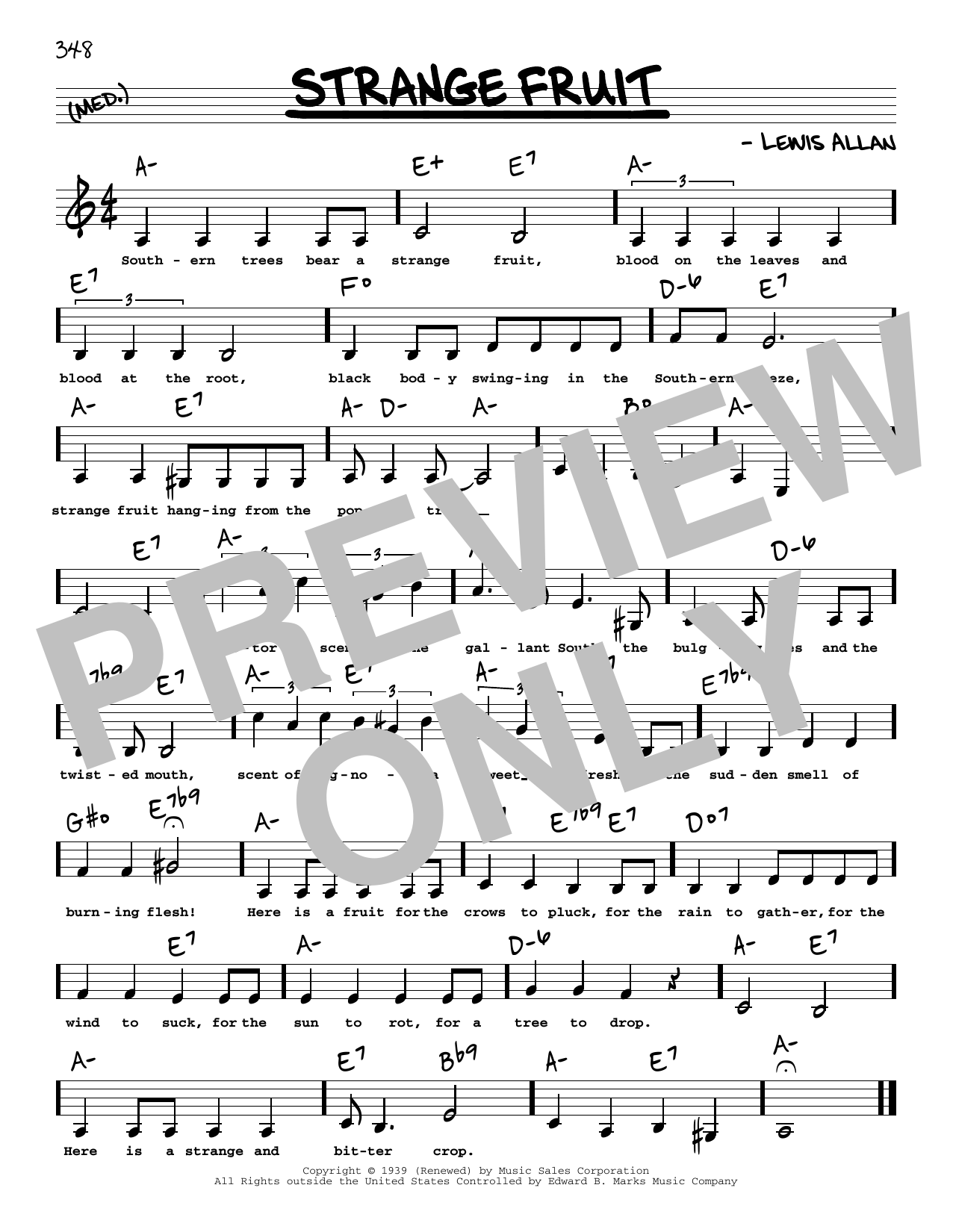 Billie Holiday Strange Fruit (Low Voice) Sheet Music Notes & Chords for Real Book – Melody, Lyrics & Chords - Download or Print PDF