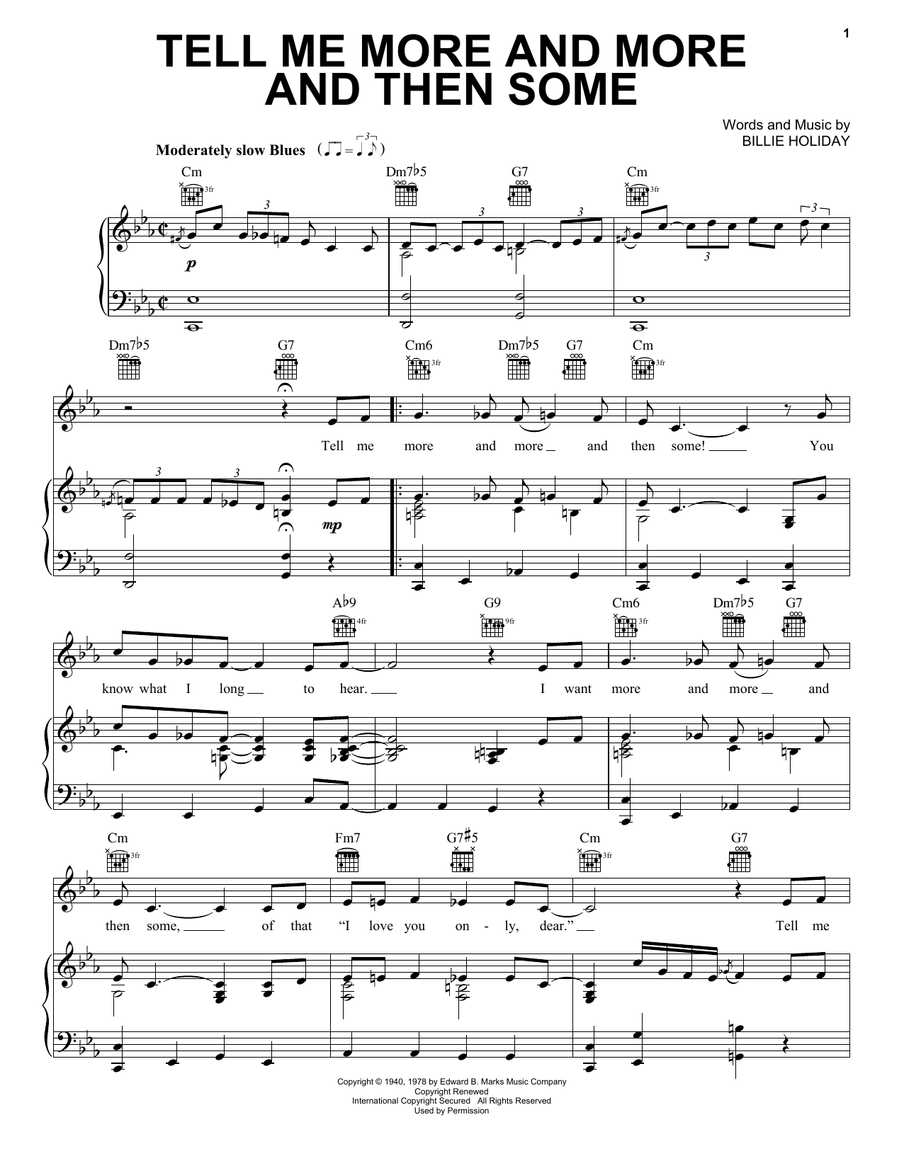 Billie Holiday Tell Me More And More And Then Some Sheet Music Notes & Chords for Piano, Vocal & Guitar (Right-Hand Melody) - Download or Print PDF