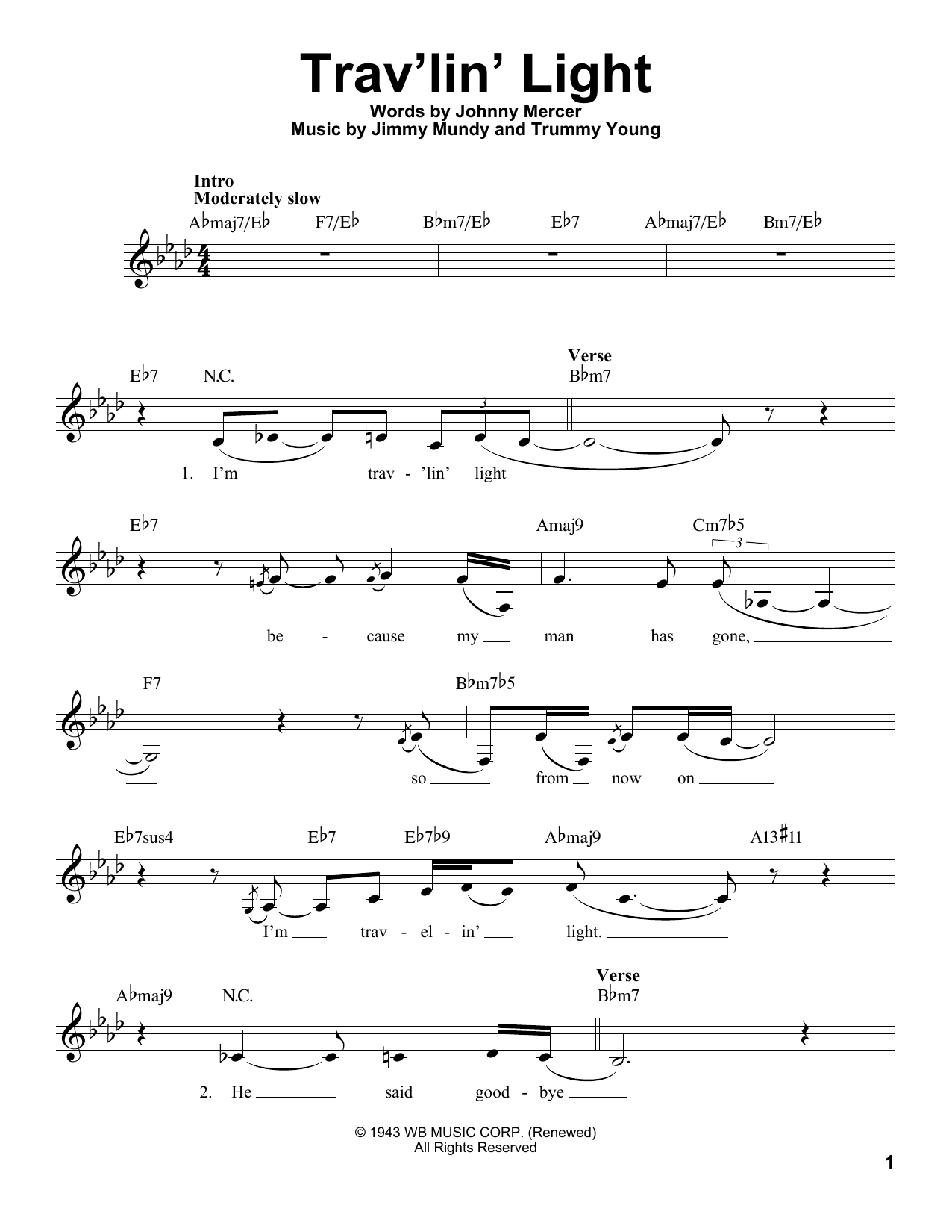 Billie Holiday Trav'lin' Light Sheet Music Notes & Chords for Voice - Download or Print PDF