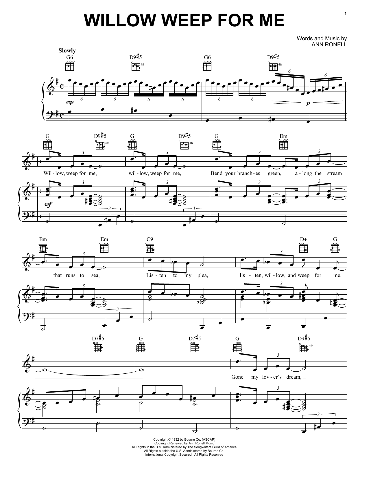 Billie Holiday Willow Weep For Me Sheet Music Notes & Chords for Piano, Vocal & Guitar (Right-Hand Melody) - Download or Print PDF