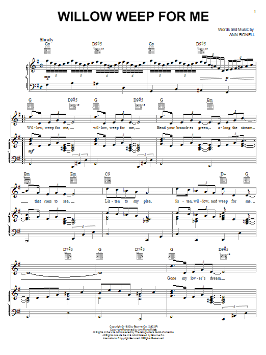 Billie Holiday Willow Weep For Me Sheet Music Notes & Chords for Piano, Vocal & Guitar (Right-Hand Melody) - Download or Print PDF