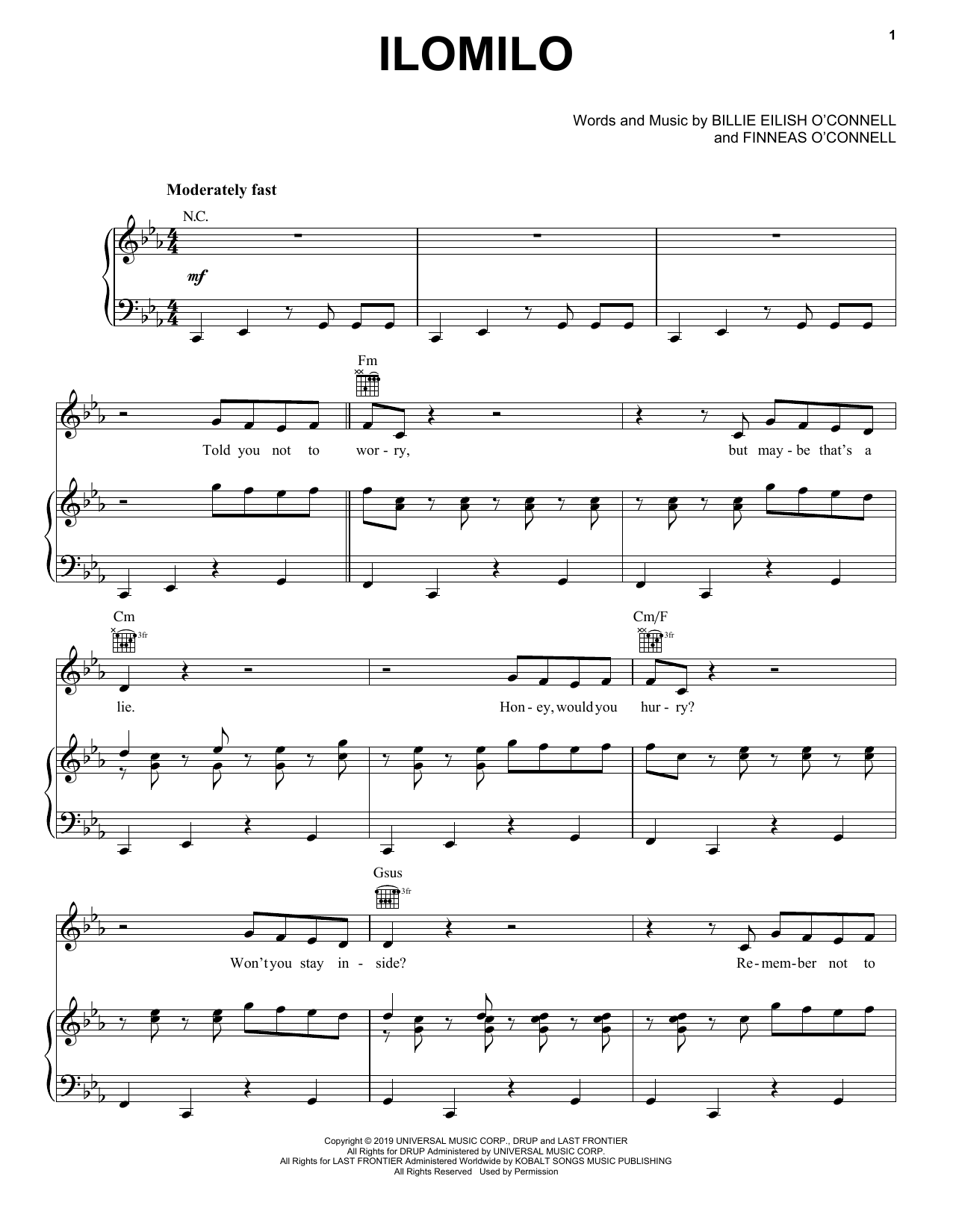 Preview Billie Eilish ilomilo Pop sheet music, notes and chords for Piano, Vocal & Guitar (Right-Hand Melody), SKU: 414486 ilomilo sheet music