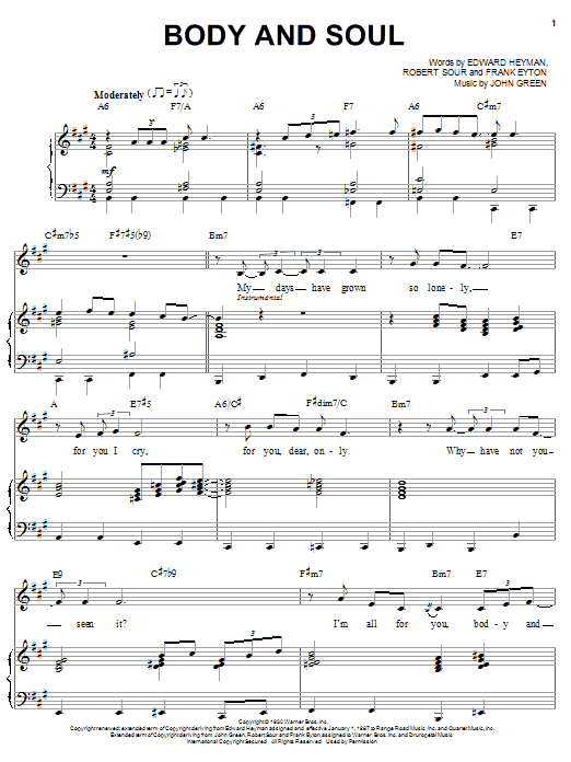Preview Billie Holiday Body And Soul Jazz sheet music, notes and chords for Piano, Vocal & Guitar (Right-Hand Melody), SKU: 58653 Body And Soul sheet music