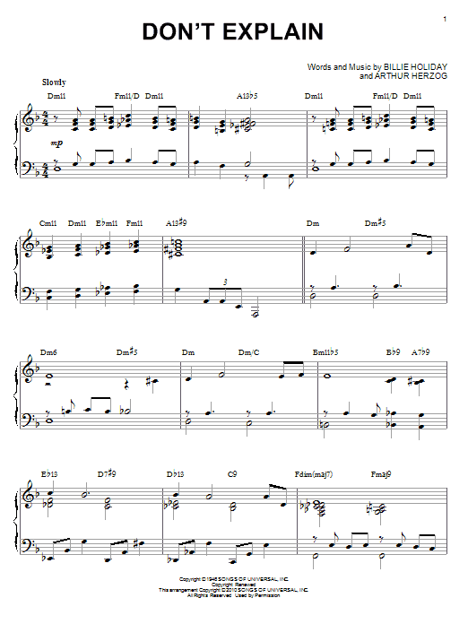 Preview Billie Holiday Don't Explain (arr. Brent Edstrom) Jazz sheet music, notes and chords for Piano, SKU: 73181 Don't Explain (arr. Brent Edstrom) sheet music
