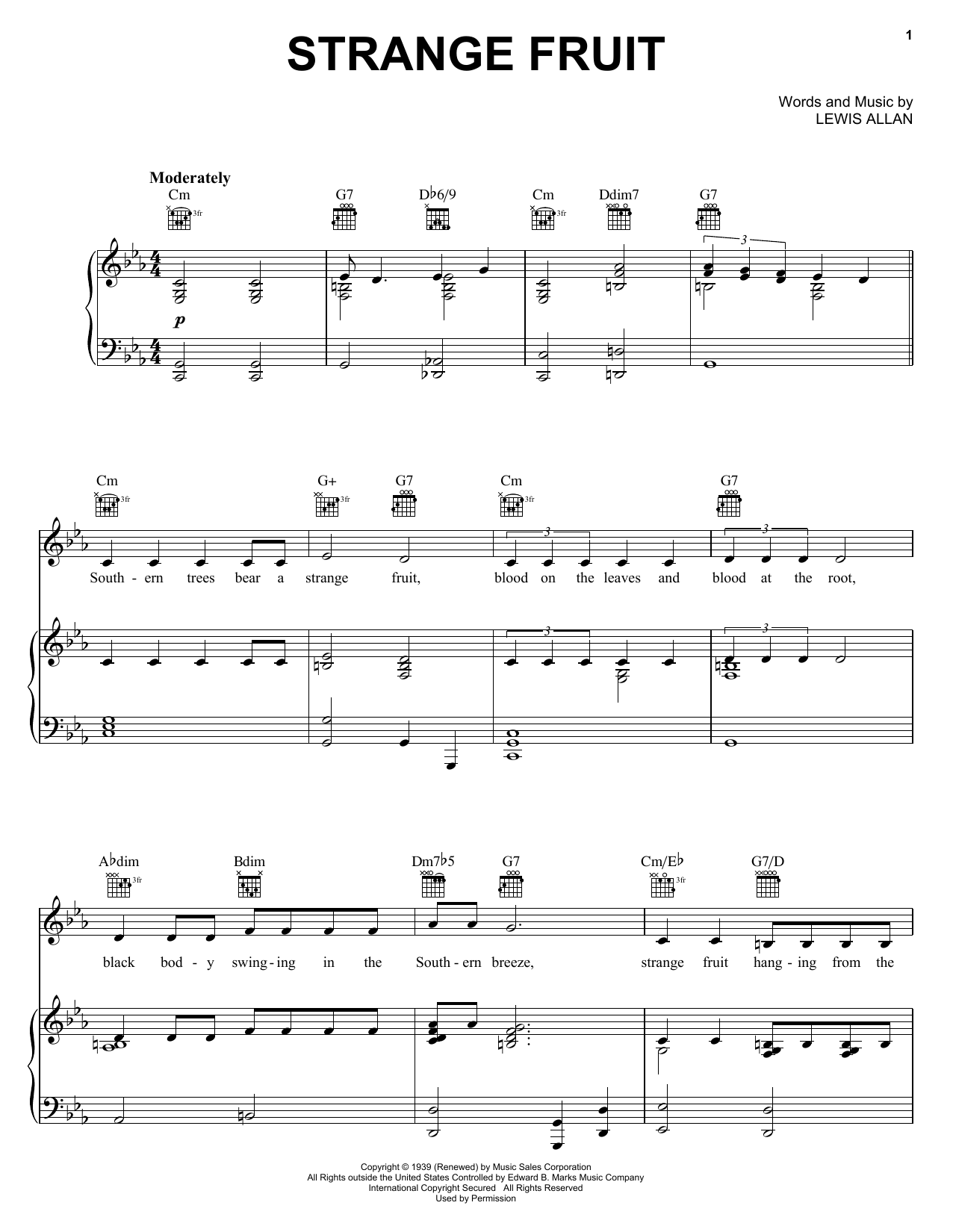 Preview Billie Holiday Strange Fruit Jazz sheet music, notes and chords for Melody Line, Lyrics & Chords, SKU: 25172 Strange Fruit sheet music