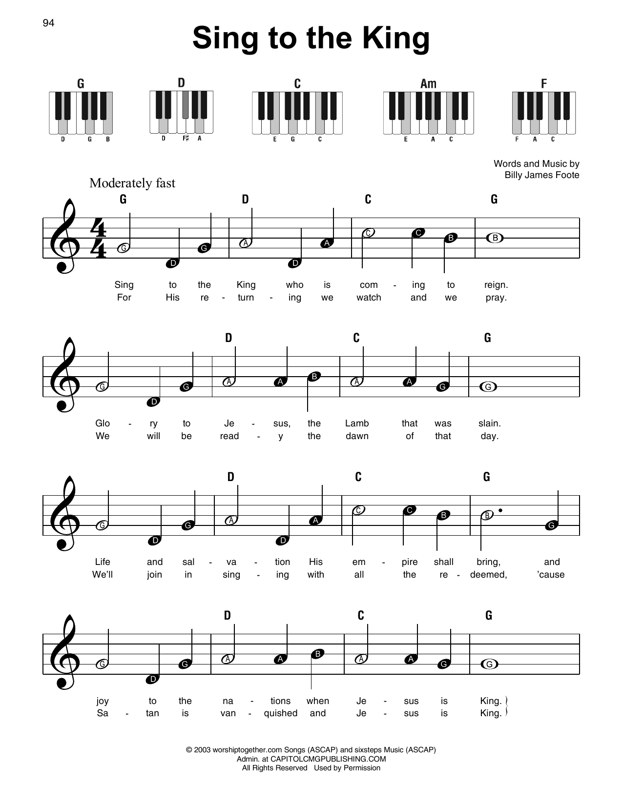 Billy and Cindy Foote Sing To The King Sheet Music Notes & Chords for Super Easy Piano - Download or Print PDF