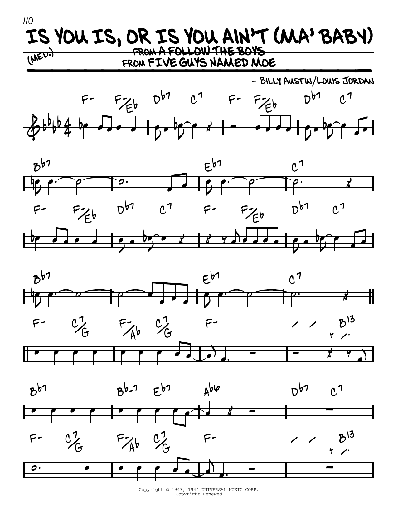 Billy Austin Is You Is, Or Is You Ain't (Ma' Baby) Sheet Music Notes & Chords for Real Book – Melody & Chords - Download or Print PDF