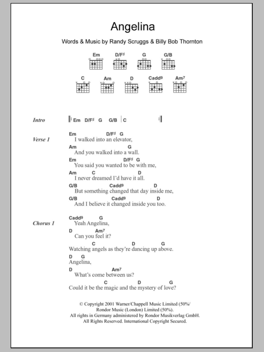 Billy Bob Thornton Angelina Sheet Music Notes & Chords for Piano, Vocal & Guitar - Download or Print PDF