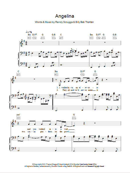 Billy Bob Thornton Angelina Sheet Music Notes & Chords for Lyrics & Chords - Download or Print PDF