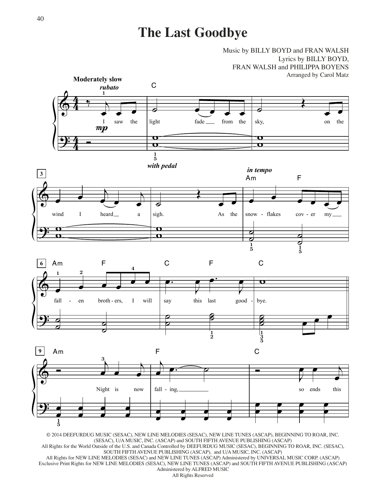 Billy Boyd The Last Goodbye (from The Hobbit: The Battle of the Five Armies) (arr. Carol Matz) Sheet Music Notes & Chords for Big Note Piano - Download or Print PDF
