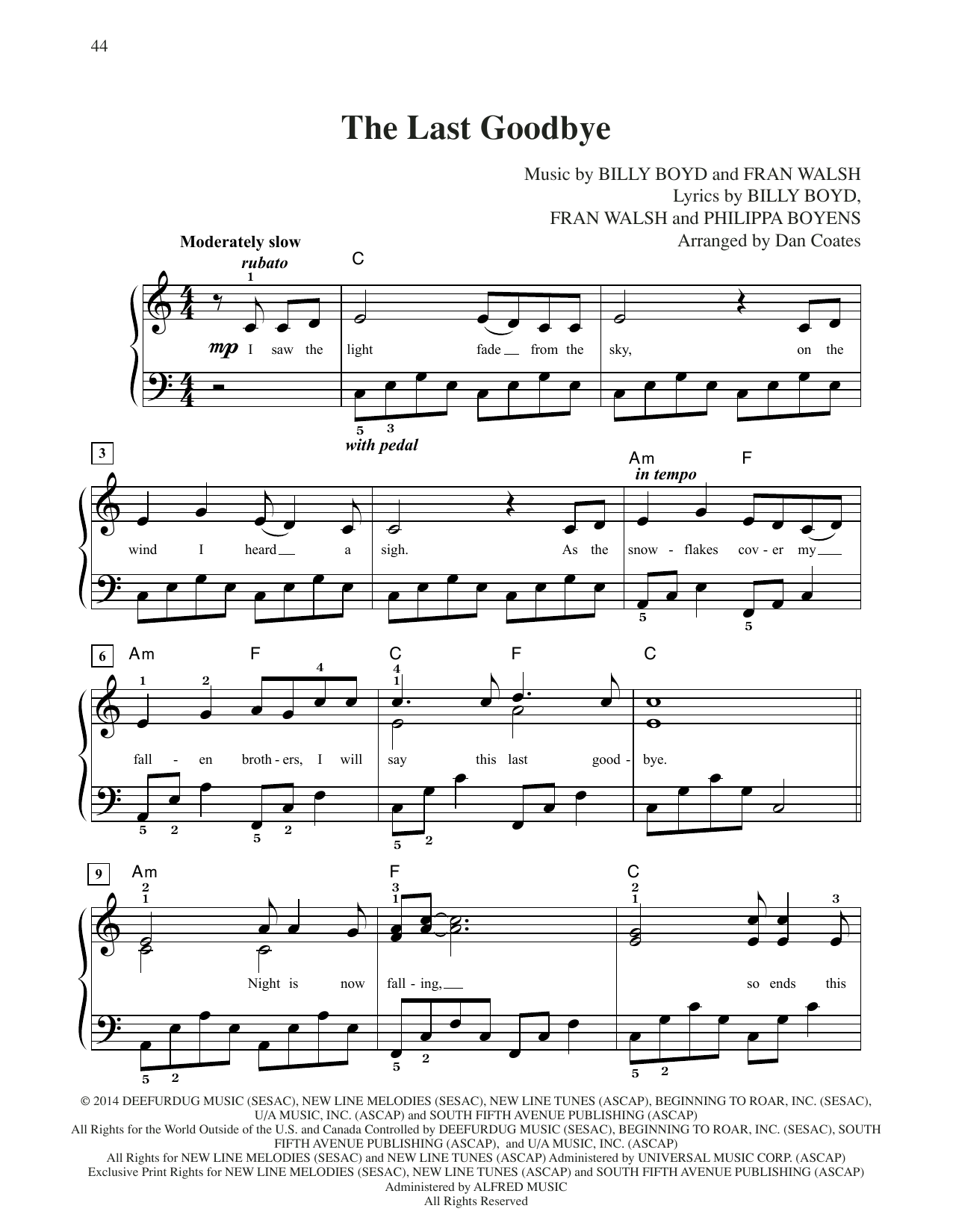 Billy Boyd The Last Goodbye (from The Hobbit: The Battle of the Five Armies) (arr. Dan Coates) Sheet Music Notes & Chords for Easy Piano - Download or Print PDF