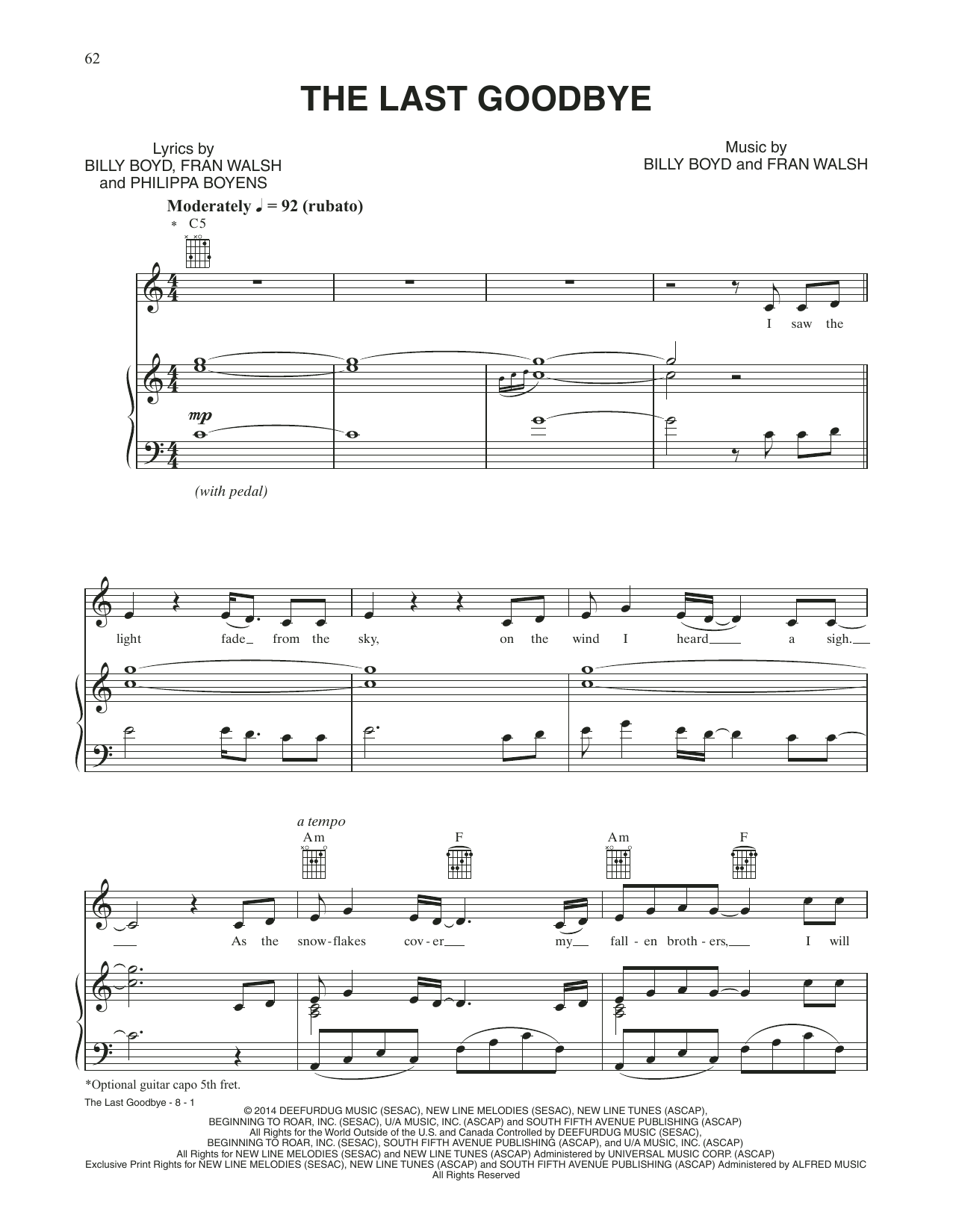 Billy Boyd The Last Goodbye (from The Hobbit: The Battle of the Five Armies) Sheet Music Notes & Chords for Piano & Vocal - Download or Print PDF