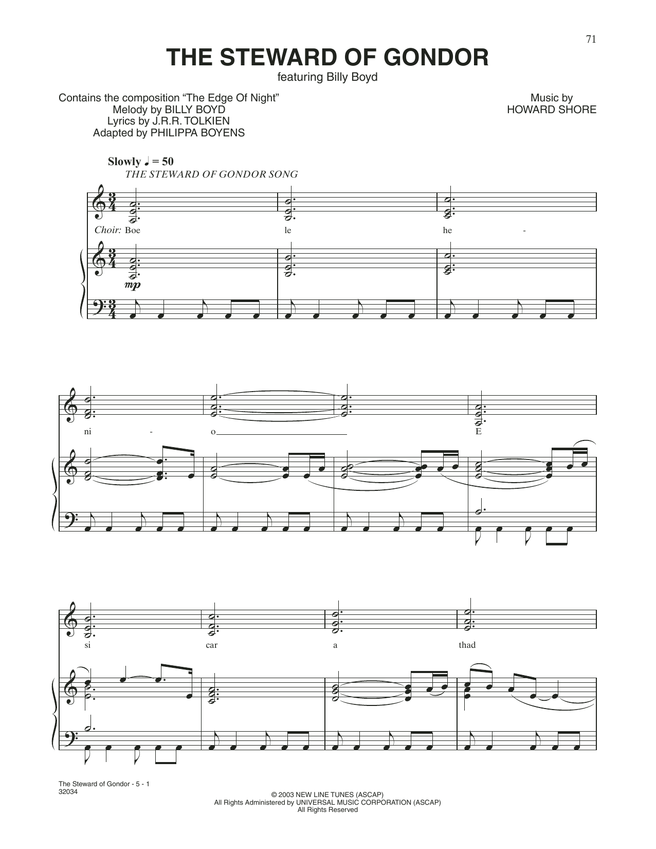Billy Boyd The Steward of Gondor (from The Lord Of The Rings: The Return Of The King) Sheet Music Notes & Chords for Piano & Vocal - Download or Print PDF