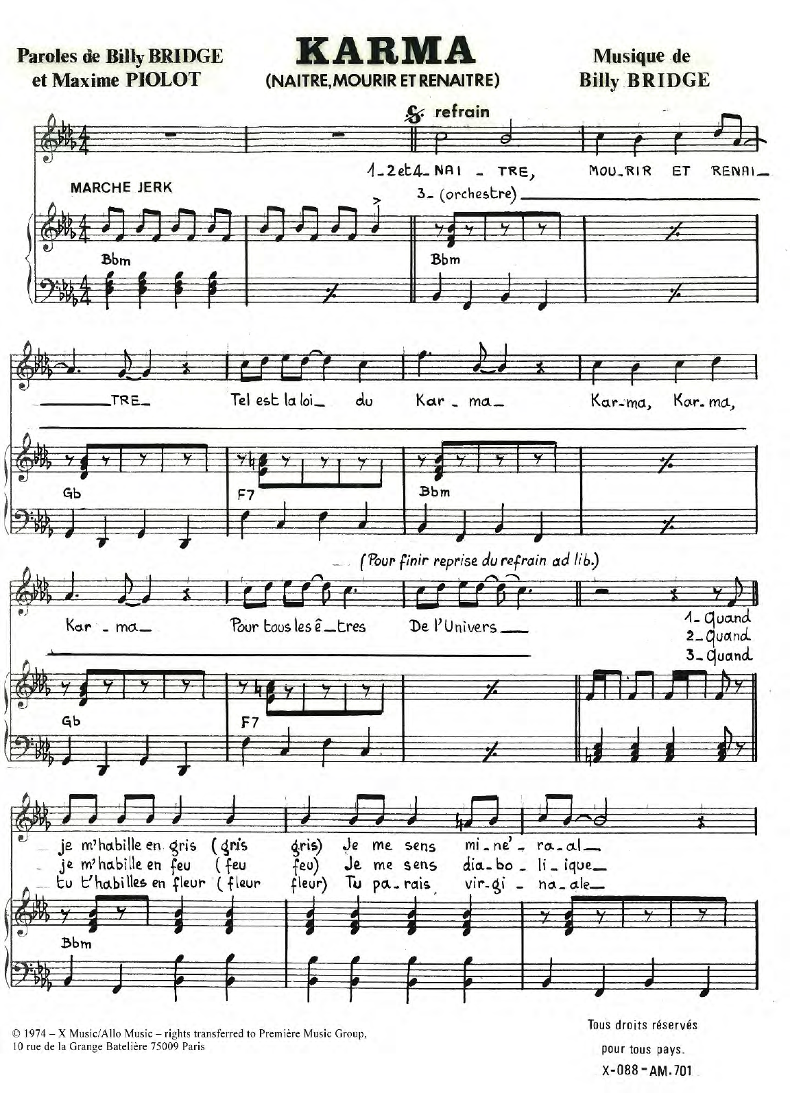 Billy Bridge Karma (Naitre Mourir Et Renaitre) Sheet Music Notes & Chords for Piano & Vocal - Download or Print PDF